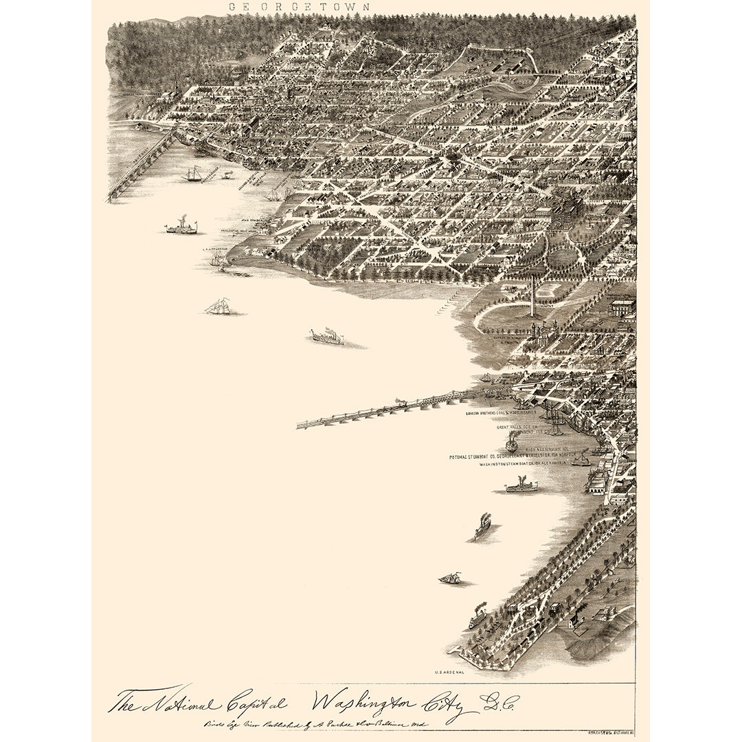 A vintage birds eye view of the National Capitol of Washington, DC and its surrounding harbors