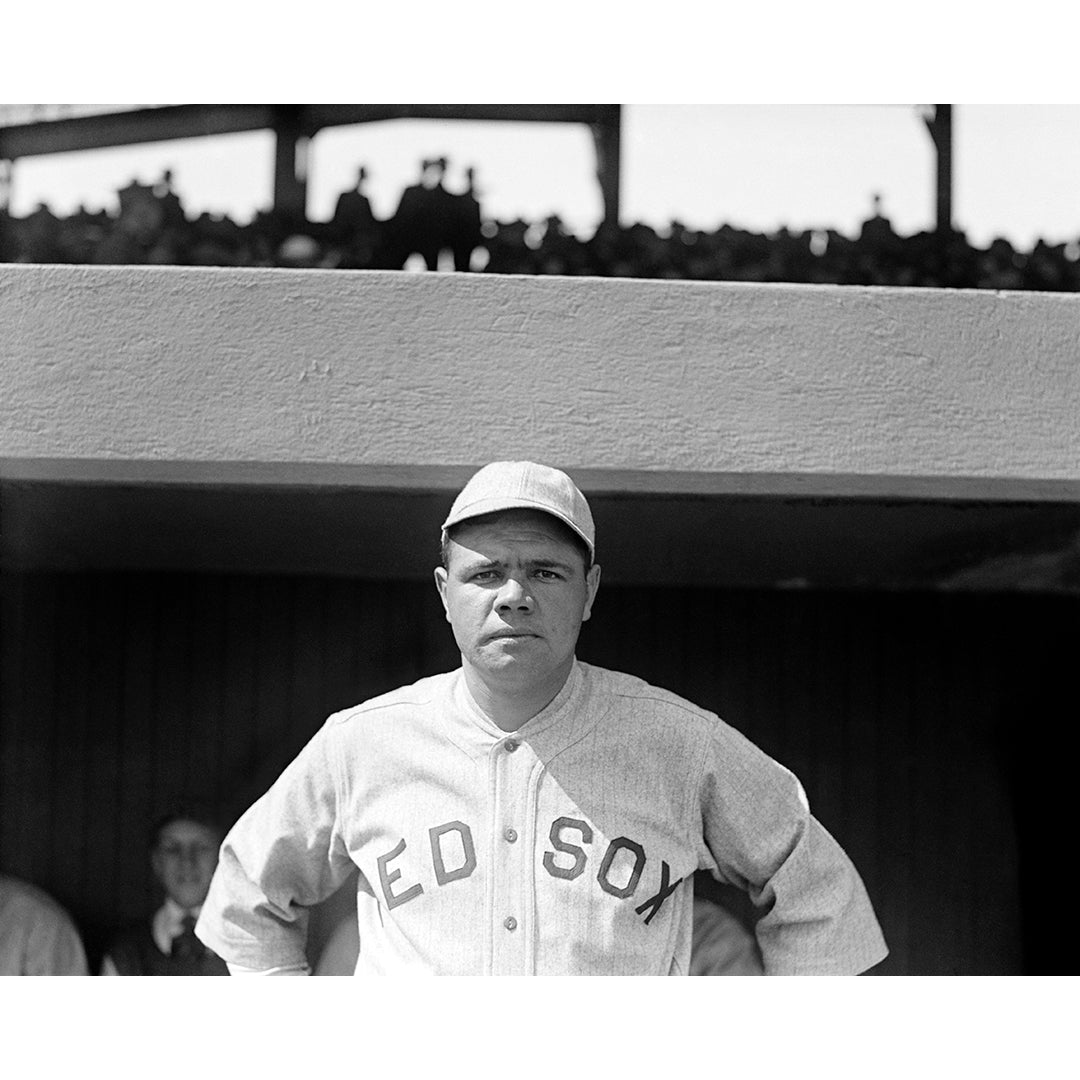 A vintage photograph of Babe Ruth in his Boston Red Sox uniform