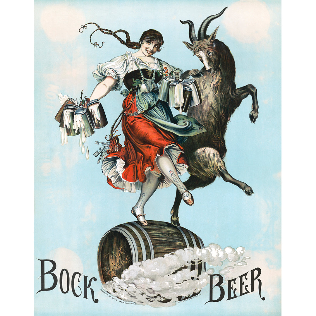 A retro advertisement for Bock Beer featuring a barmaid and a goat