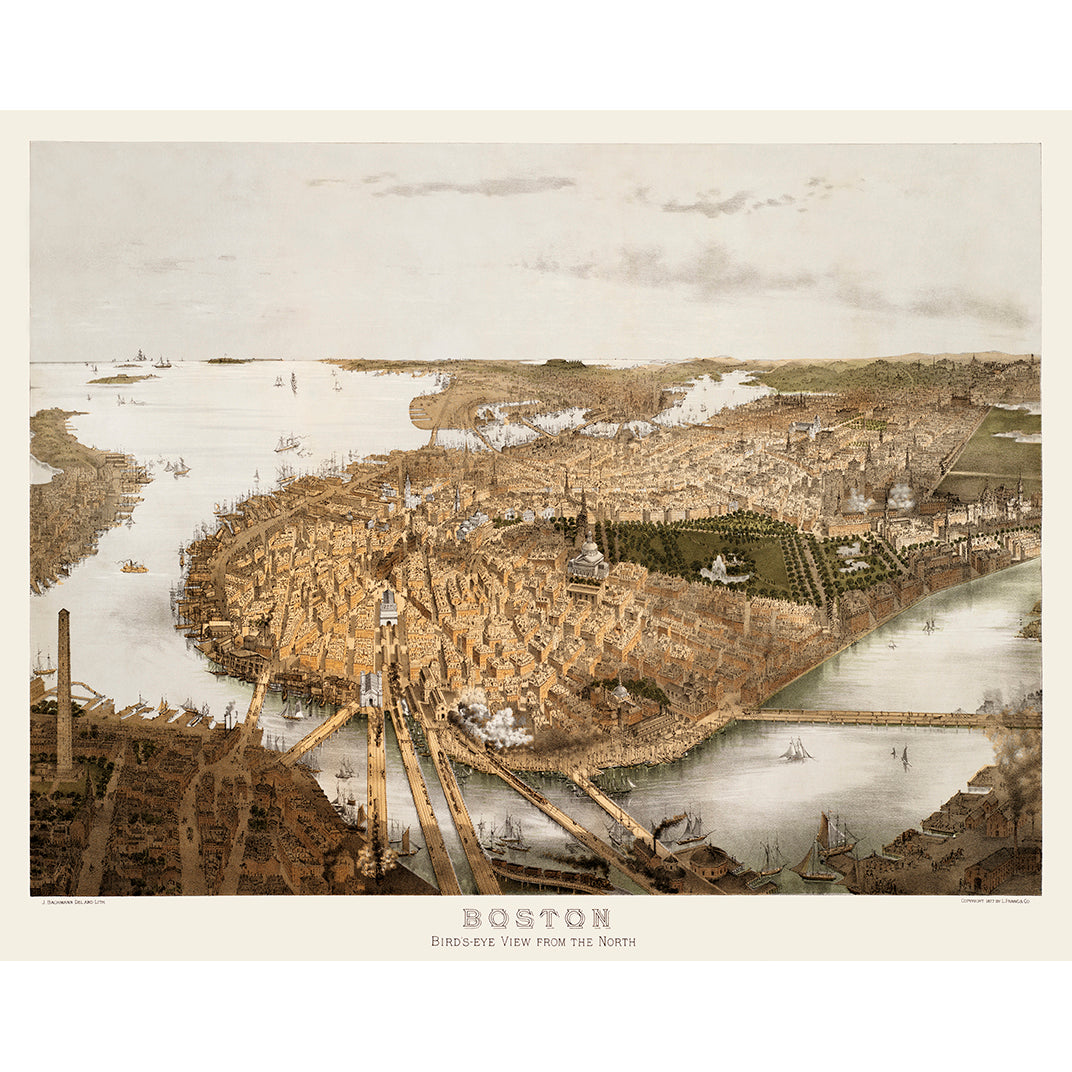 A vintage pictorial map depicting a view of Boston from the North
