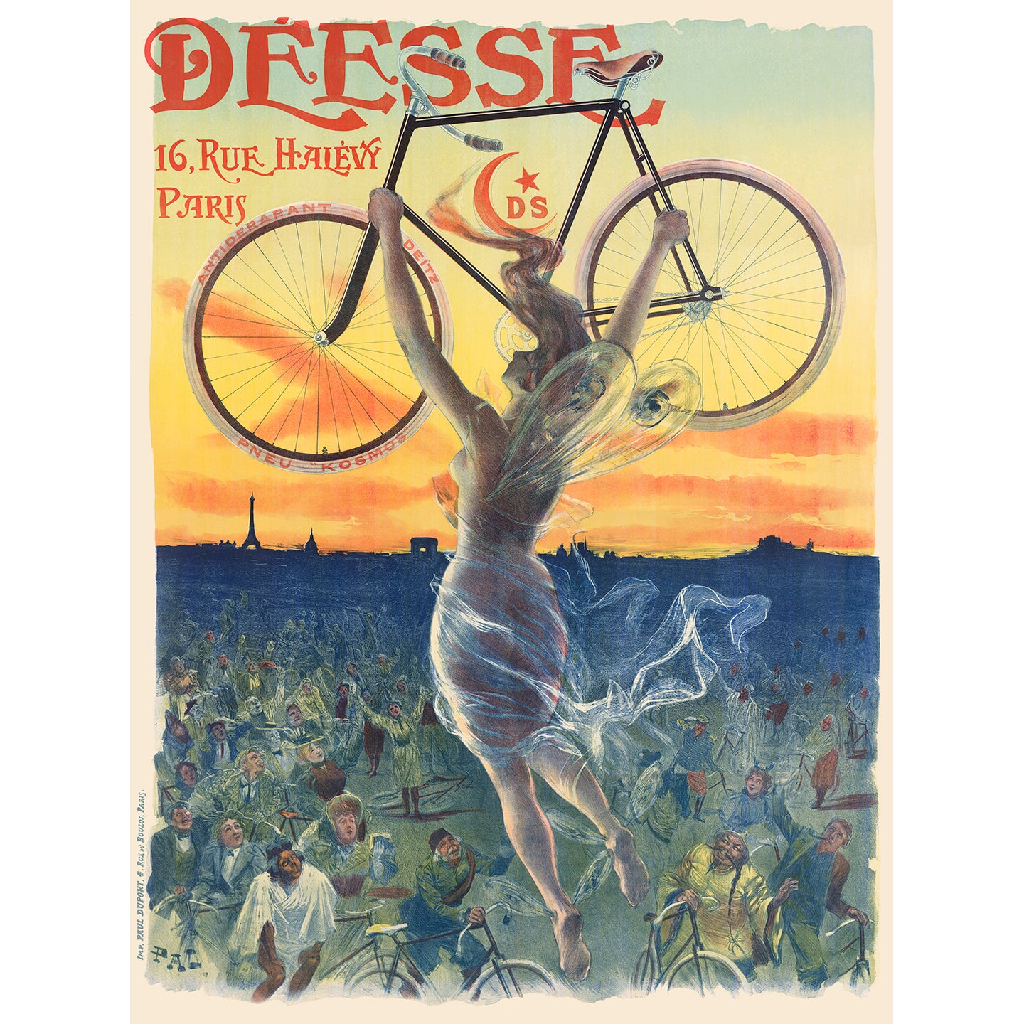A vintage poster feauting a goddess holding a bicycle above a crowd of people