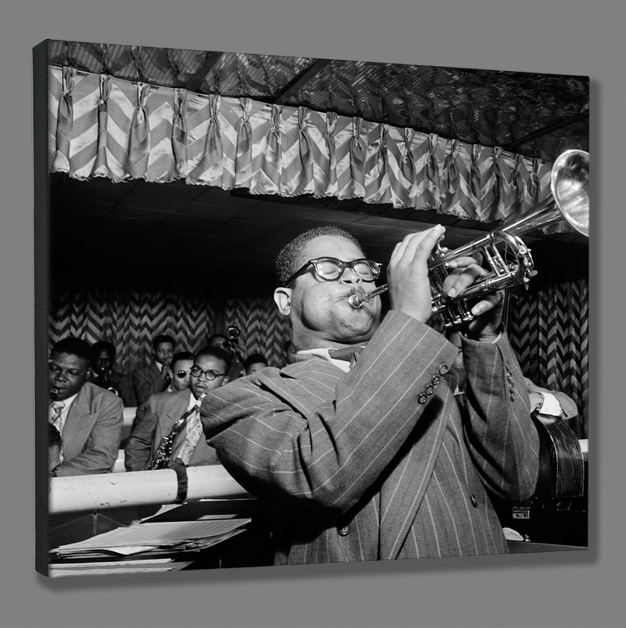 Canvas print mockup of vintage photo of Dizzy Gillespie performing with other musicians