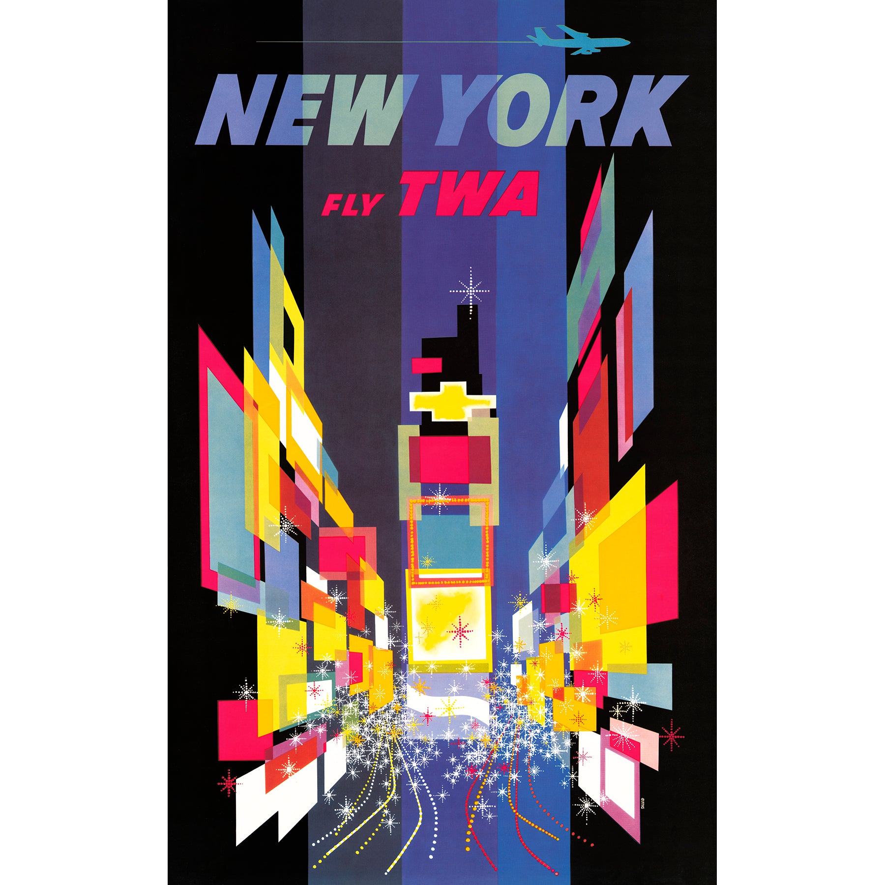 A vintage travel poster advertising travel to New York via TWA