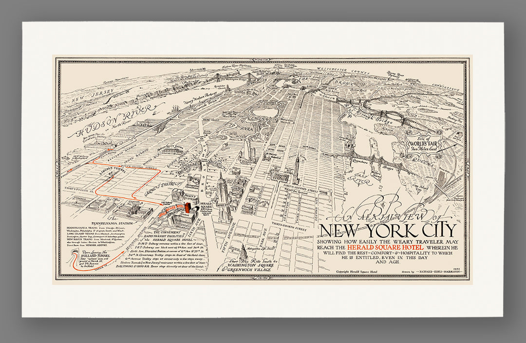 A restored vintage map leading to Herald Square Hotel, printed on paper