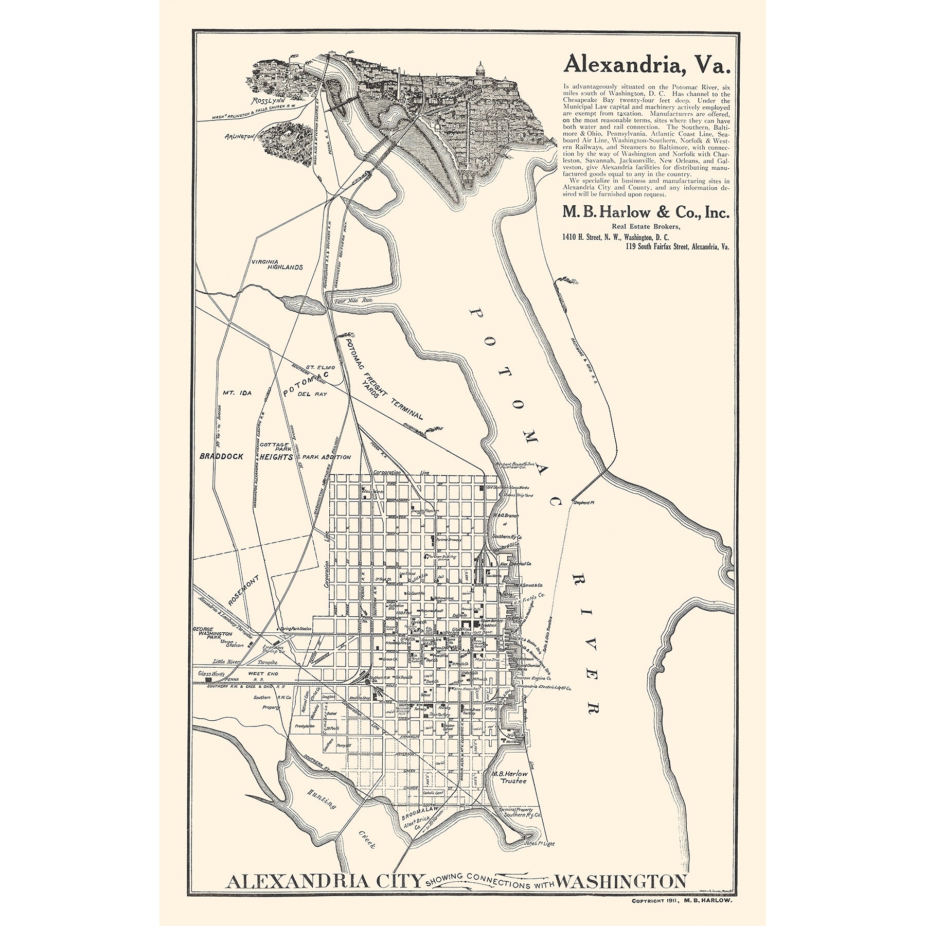 A vintage map of Alexandria including a pictorial depiction of Washington DC at the top