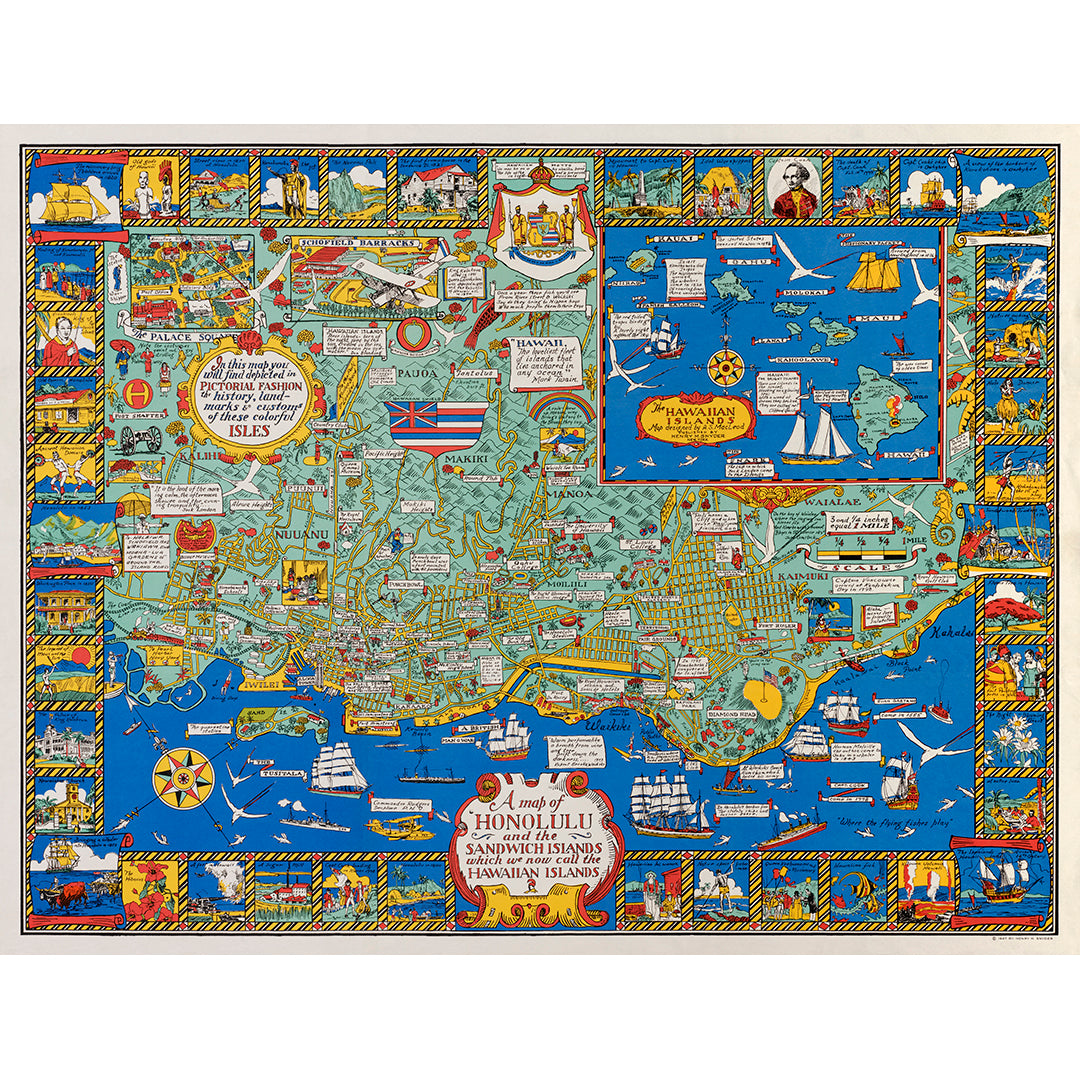 A restored vintage pictorial map of Honolulu and the Hawaiian Islands, in full color