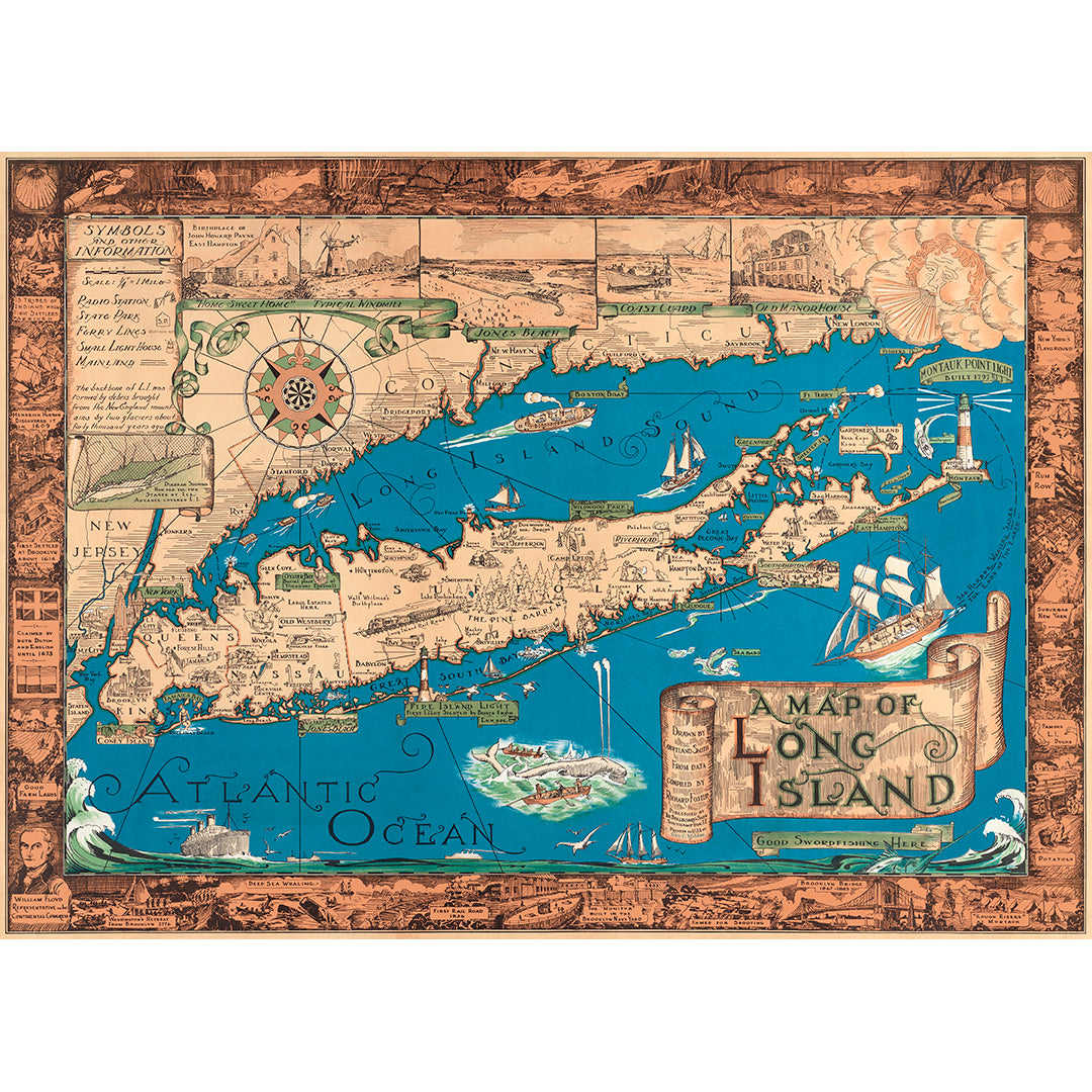 A colorful vintage map of Long Island with an illustrated border