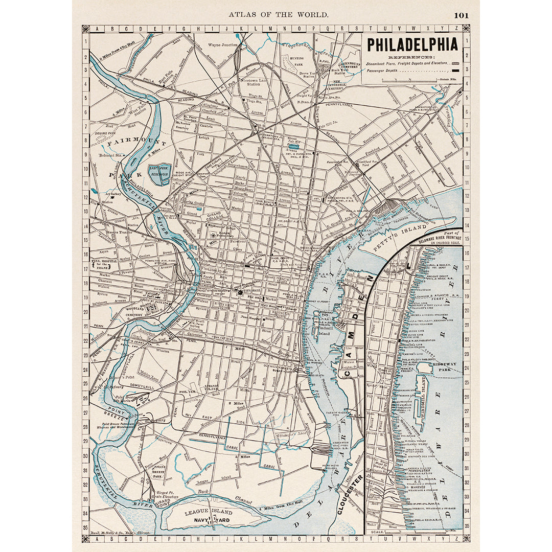 A restored vintage map of Philadelphia, showing rivers in blue
