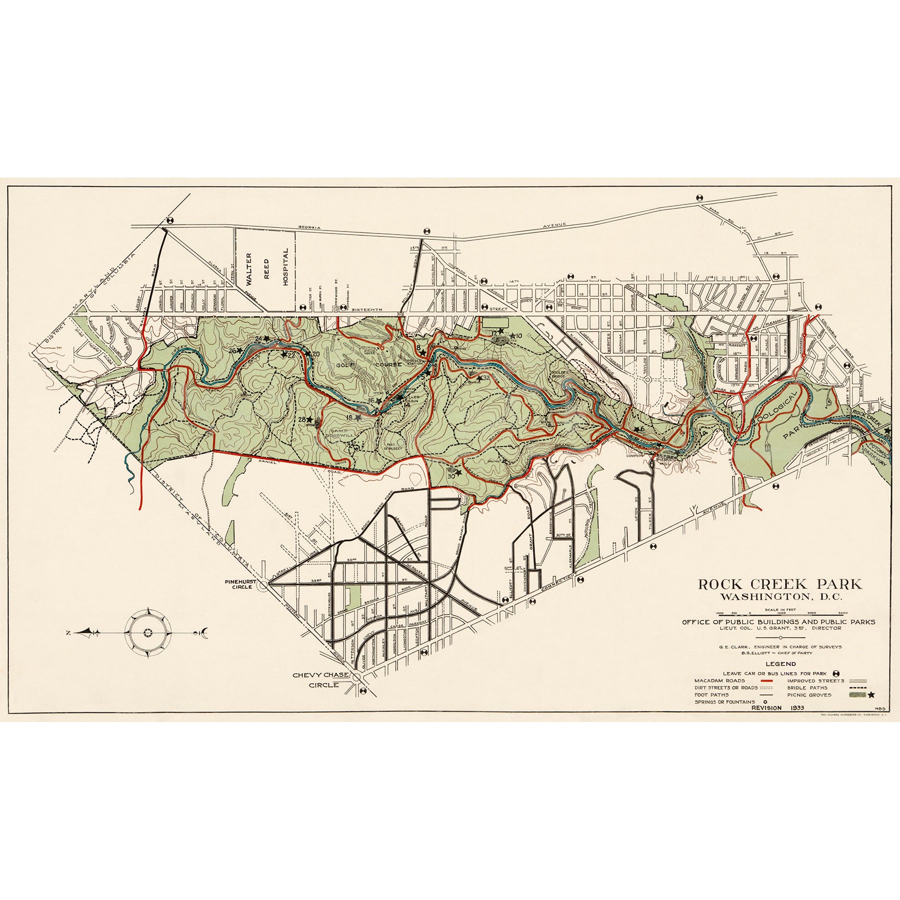 A vintage Rock Creek Park map, showing the park and surrounding city streets