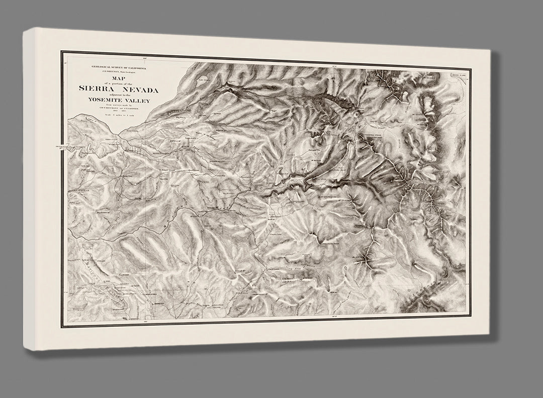 A digital rendering of a canvas print of a restored vintage map of the Sierra Nevada
