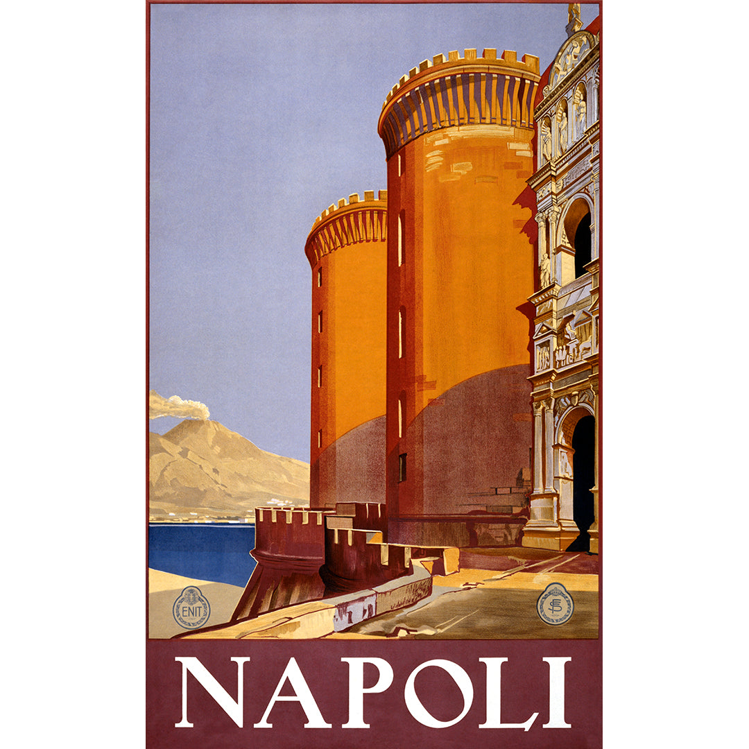 A travel poster advertising travel to Napoli, featuring artwork of a castle