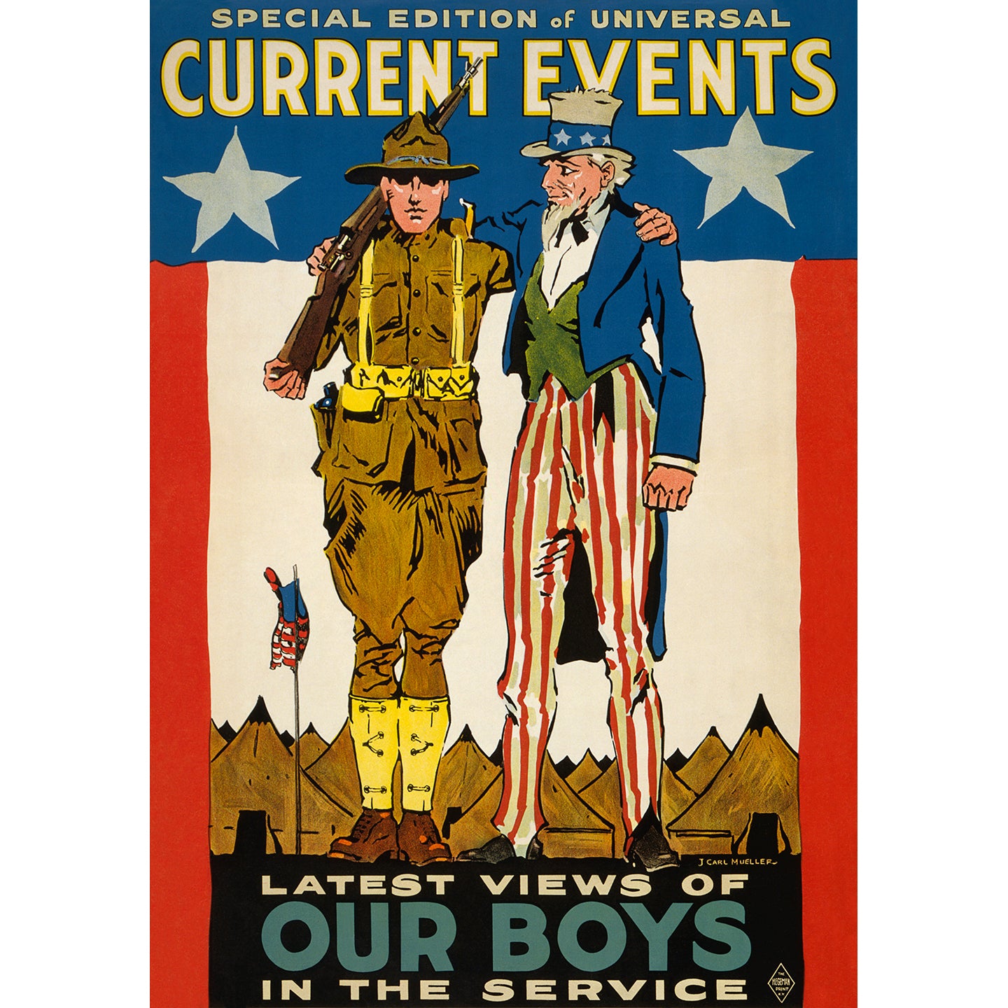 A vintage poster a solider with Uncle Sam and the slogan "Latest views of our boys in the service"
