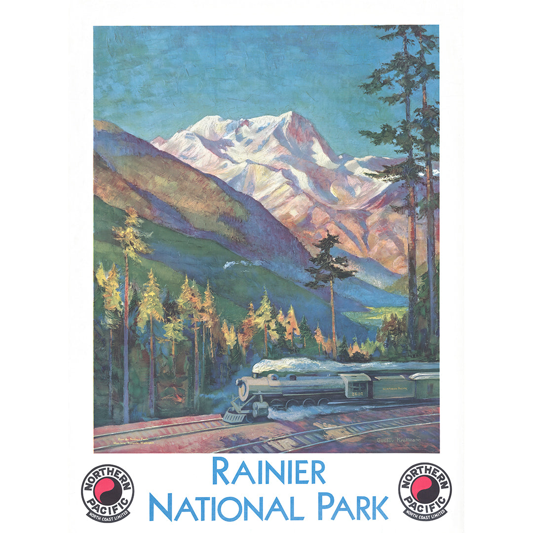 A vintage travel poster advertising Rainier National Park