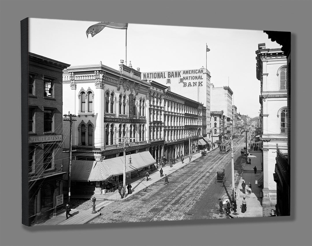 A mockup of a canvas print reproduction of a vintage photograph of Richmond's Main Street