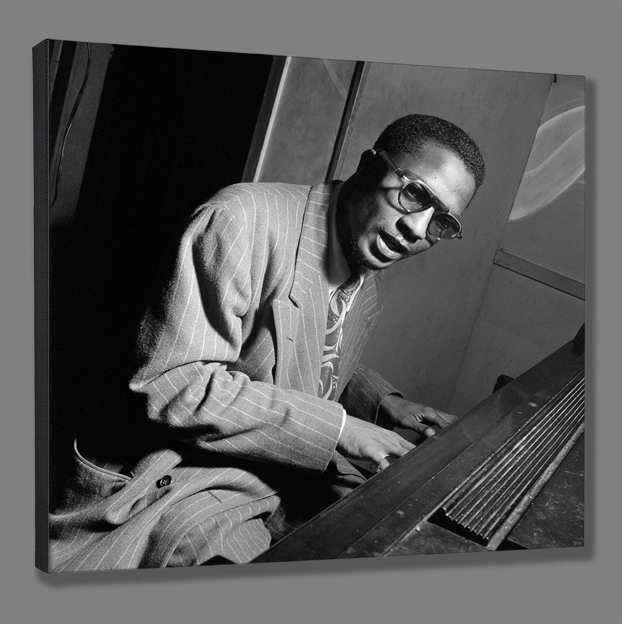 Canvas print mockup of a vintage photo of Thelonious Monk performing live
