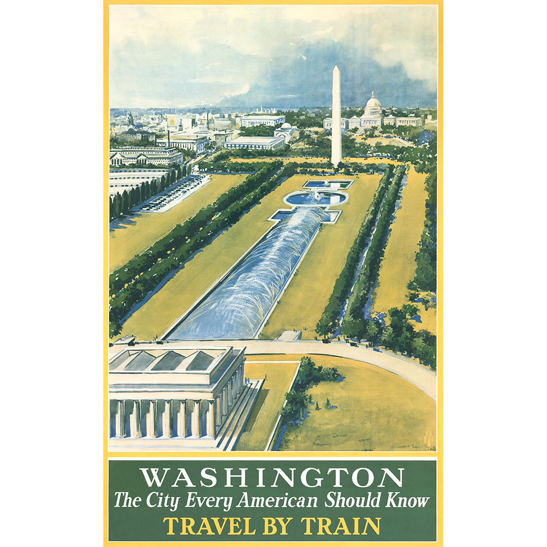 A vintage poster advertising travel by train to Washington DC