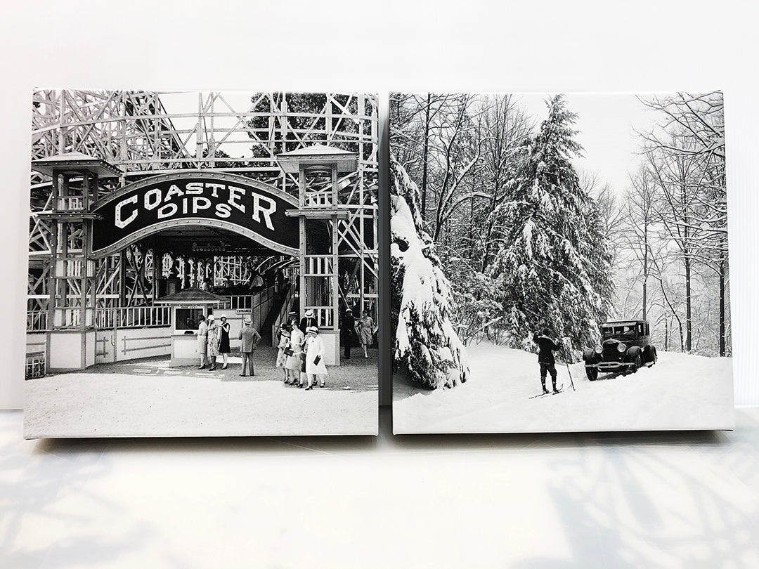 Two square canvas print reproductions of black and white vintage photographs