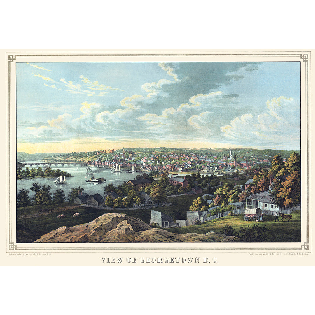 A vintage, birds eye view style map of Georgetown in Washington, DC