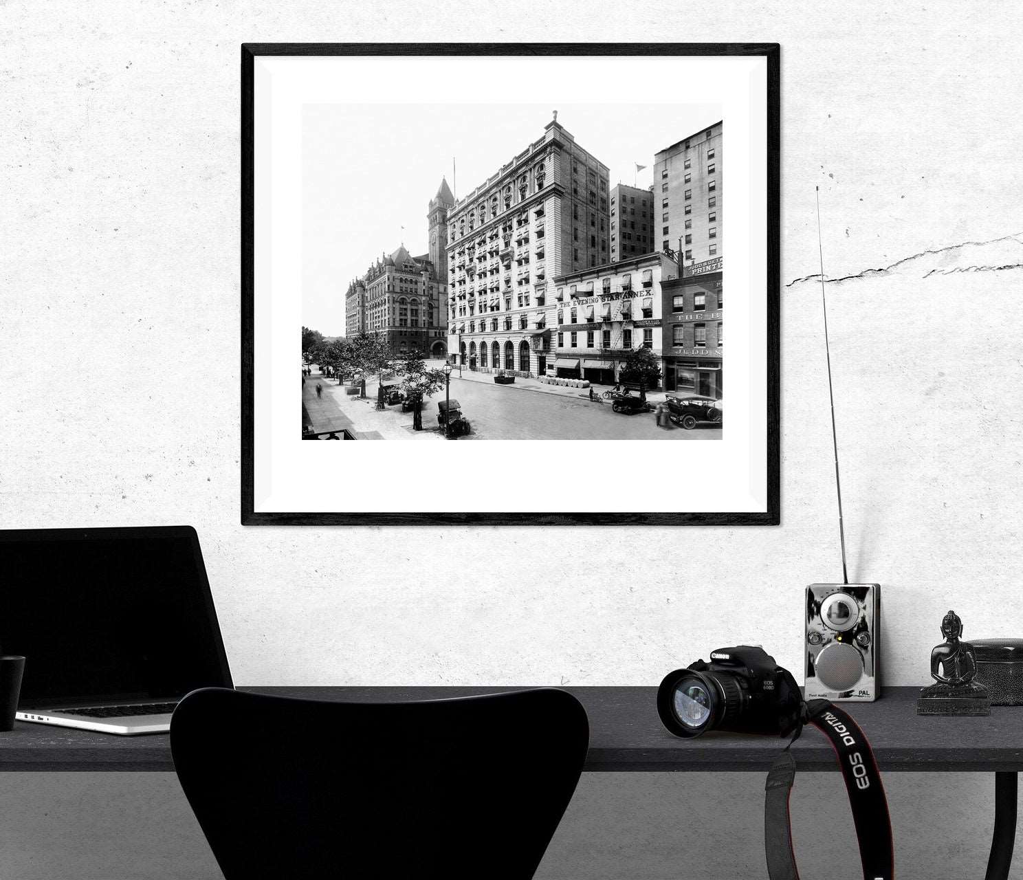A framed paper print of a photogrpah of 11th and Penn Streets in Washington DC