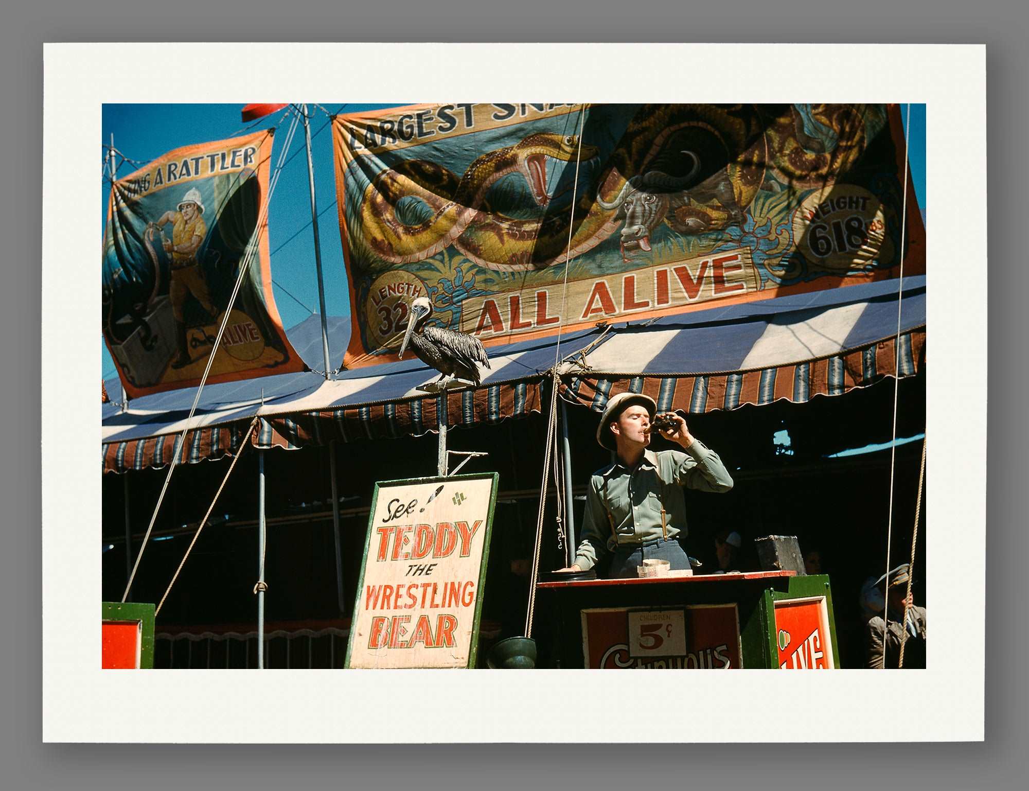 A vintage paper print of a color photograph of a barker at the Vermont State Fair