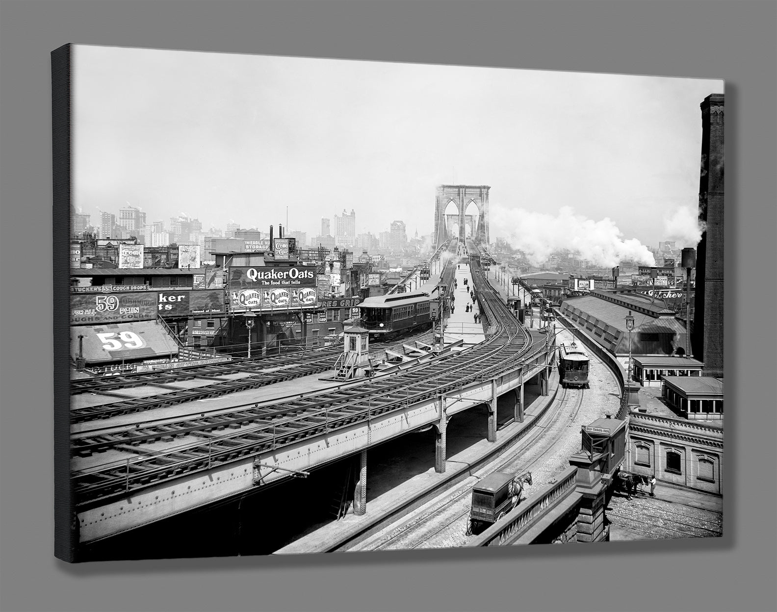 A rendering of a canvas reproduction print of a photograph of the Brooklyn Railroad Terminal