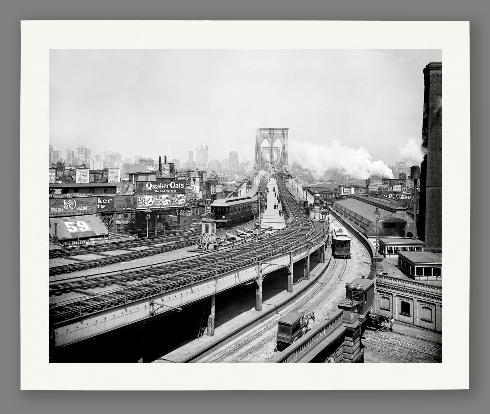 A paper reproduction print mockup featuring a black and white image of Brooklyn's Railroad Terminal