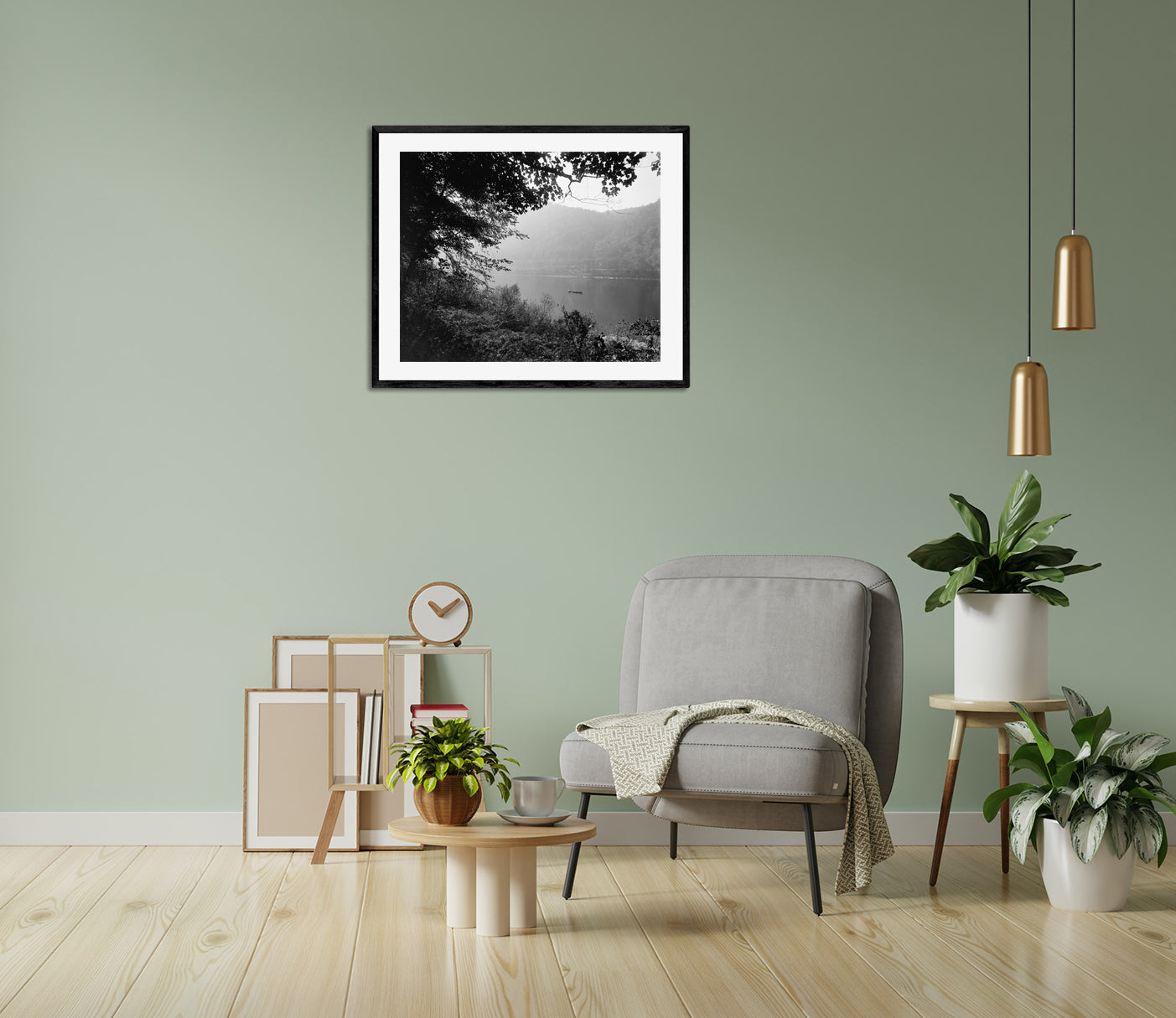 A framed print hanging on a green wall, featuring a vintage photograph of the Delaware River