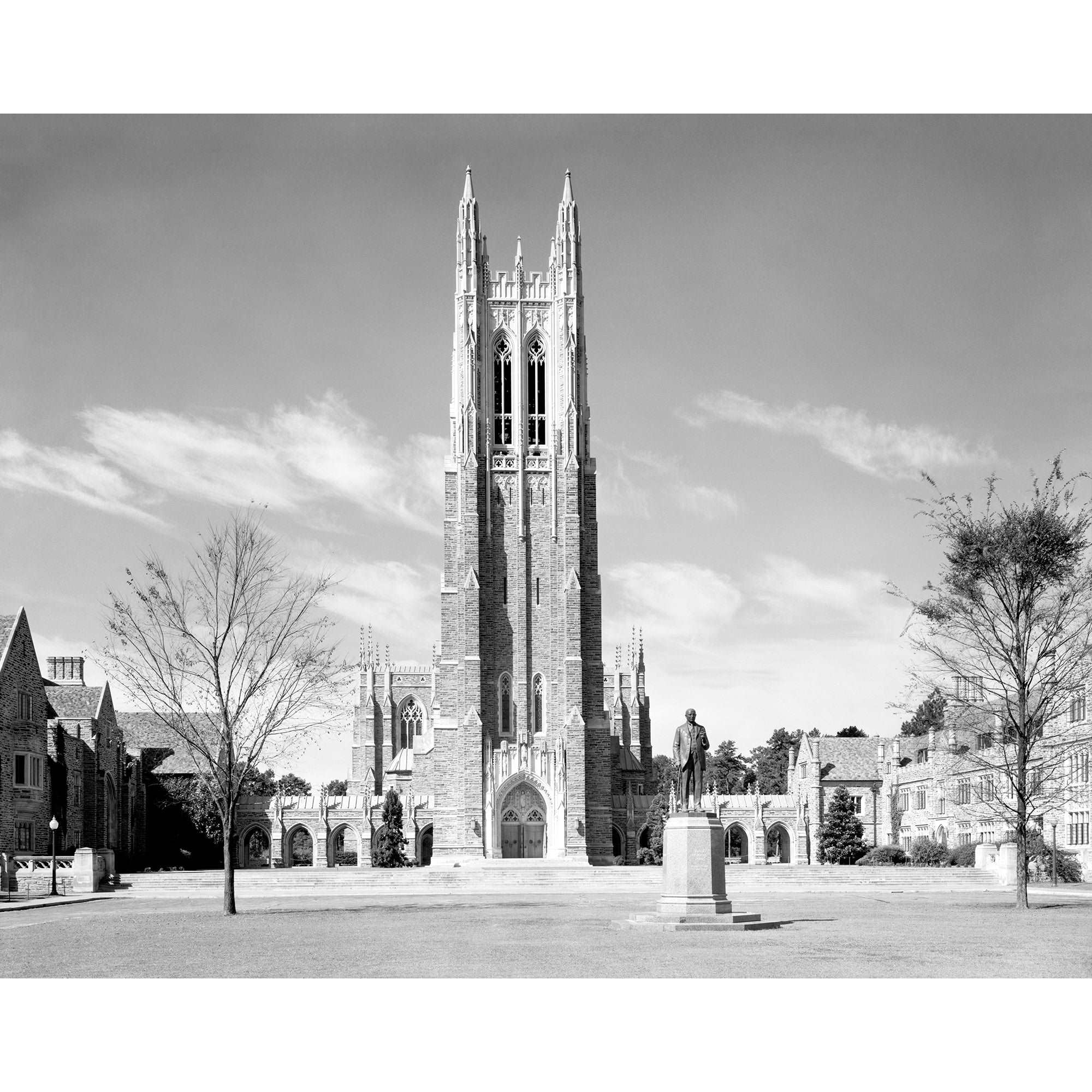 A vintage, black and white photograph featuring Duke University