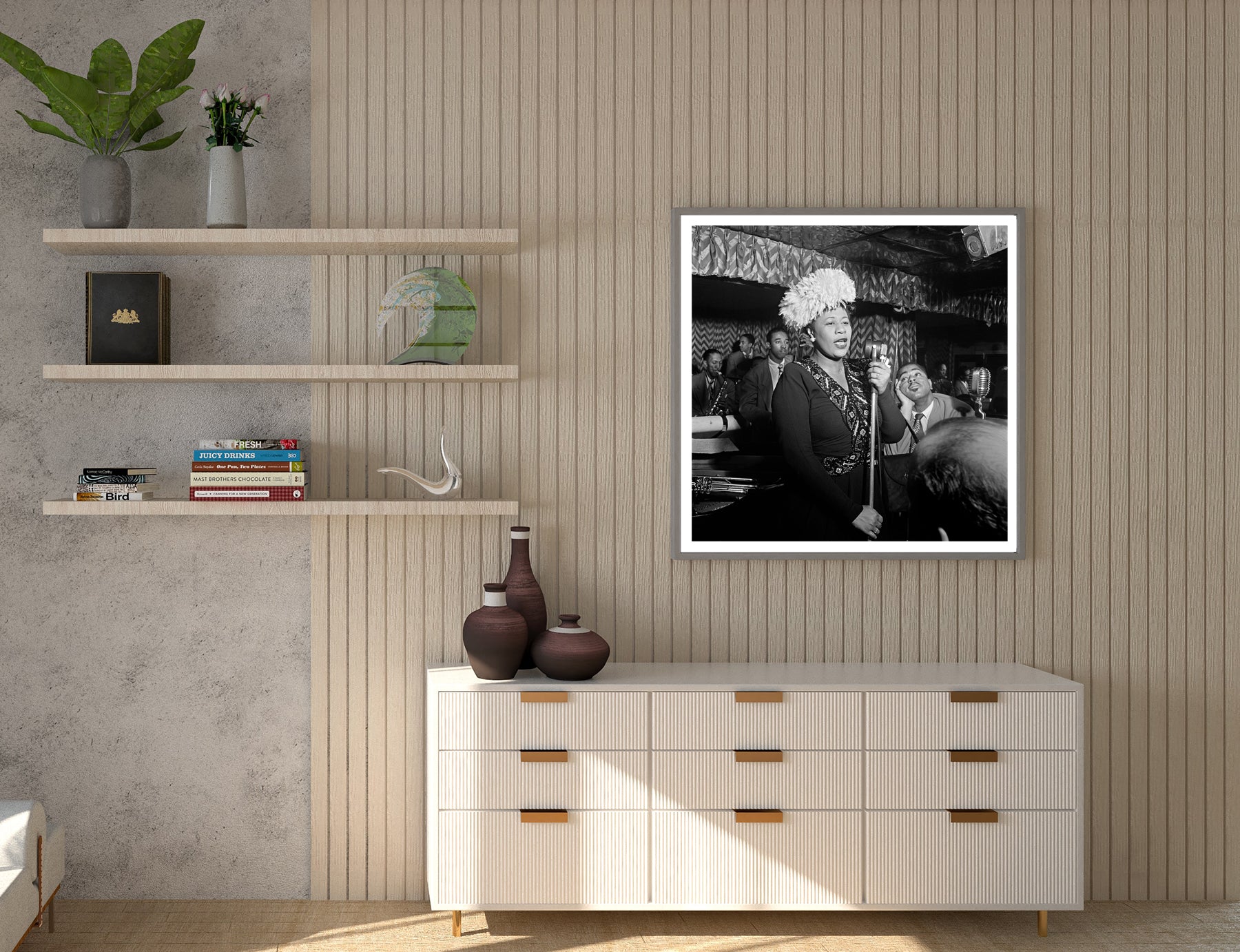 A framed print of a vintage image of Ella Fitzgerald hanging on a slatted wall next to shelves