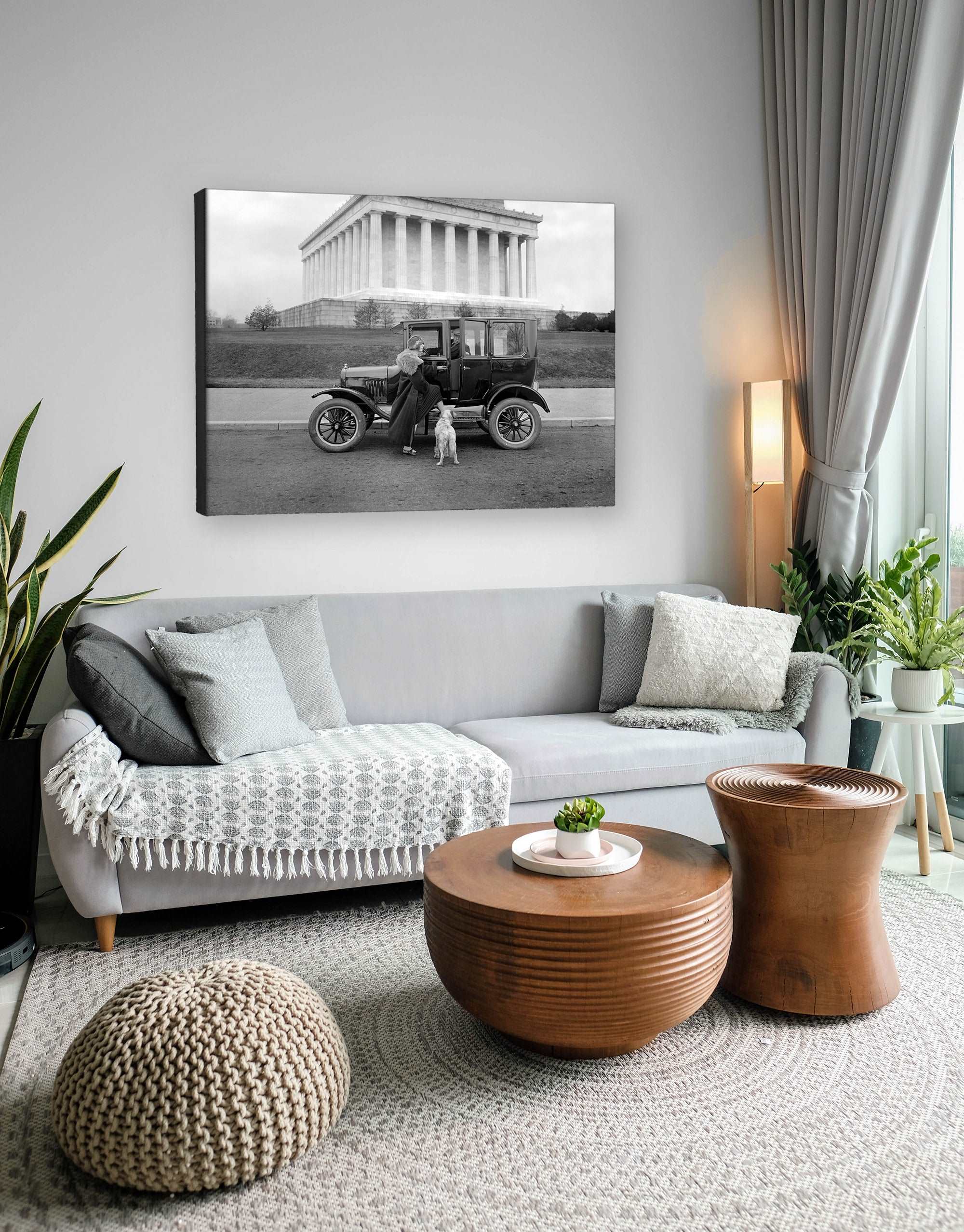 A canvas print hanging in a living room, featuring vintage photography of a Ford in Washington DC
