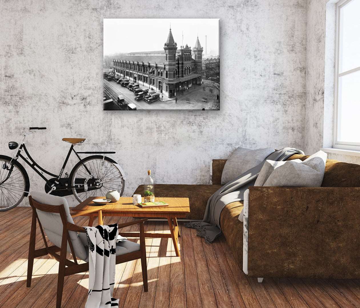 A canvas print of a vintage photograph of Washington DC hanging in a modern living room