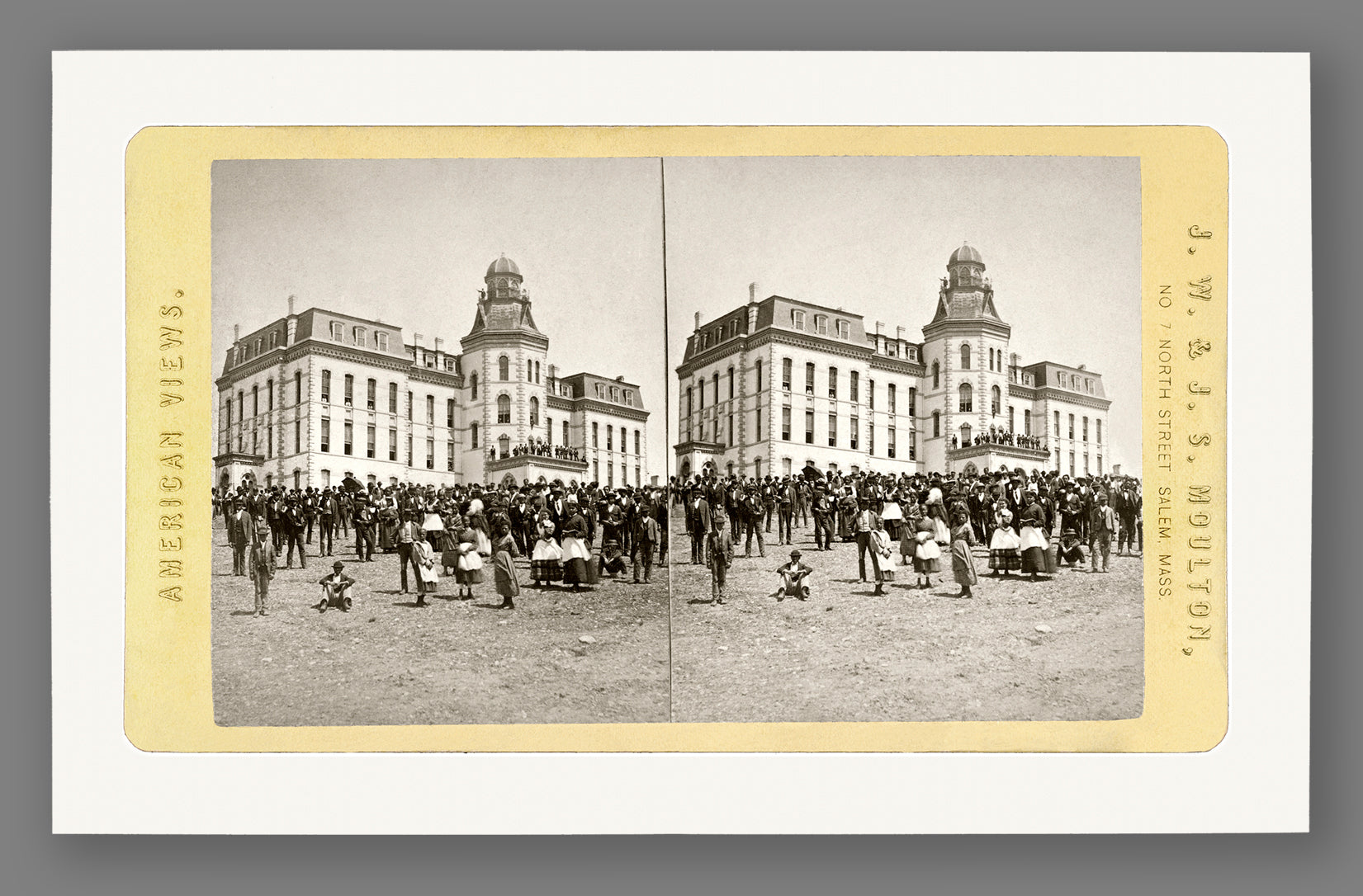 A paper reproduction print of a vintage image of Howard University in stereograph format