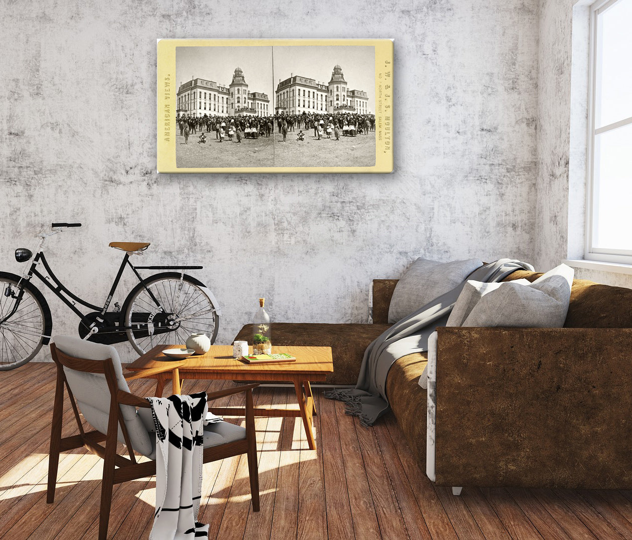 A stretched canvas print hangs on a living room wall, featuring a stereograph image of Howard University