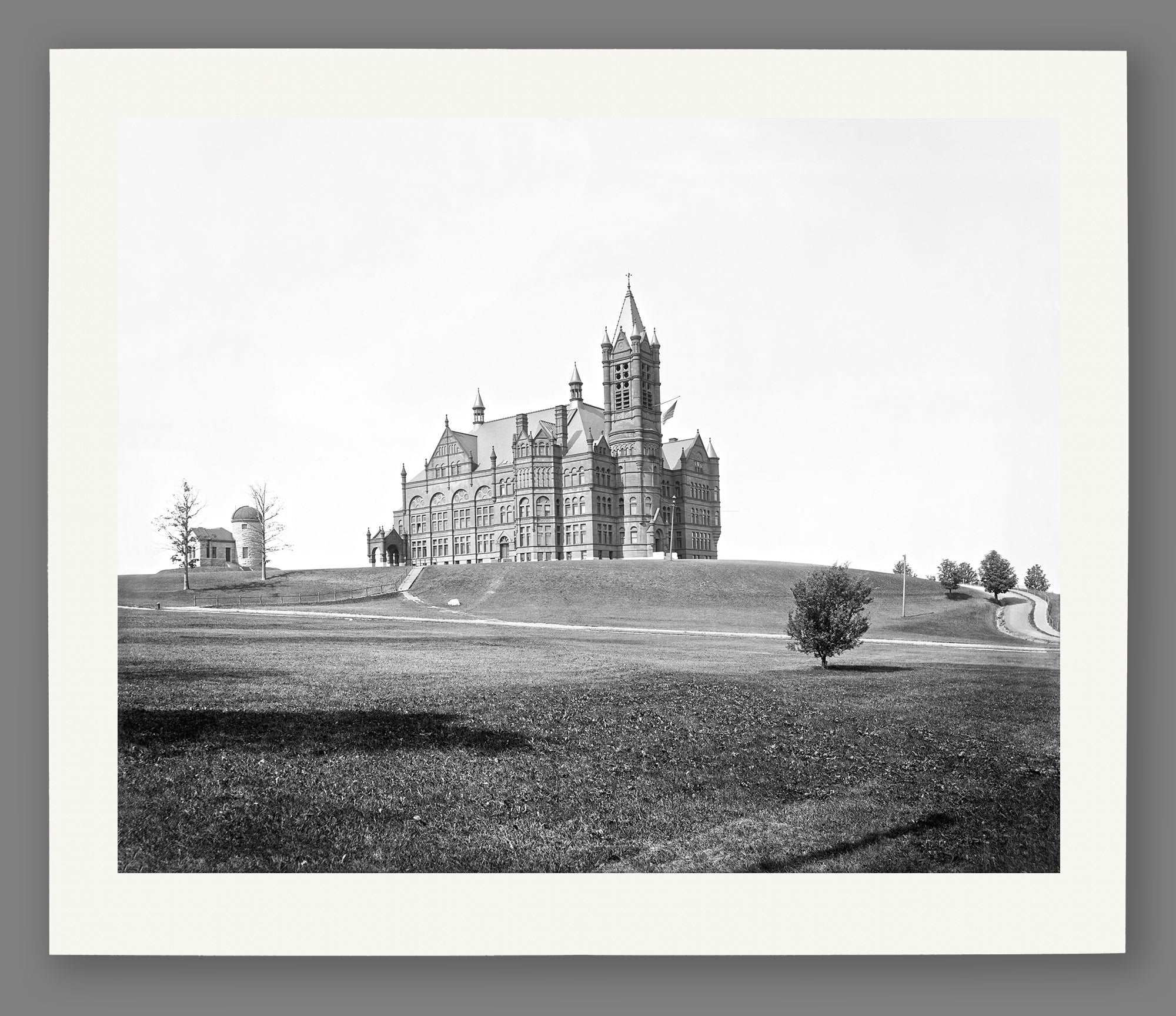A fine art paper print of a vintage image of Syracuse University's J Crouse Hall