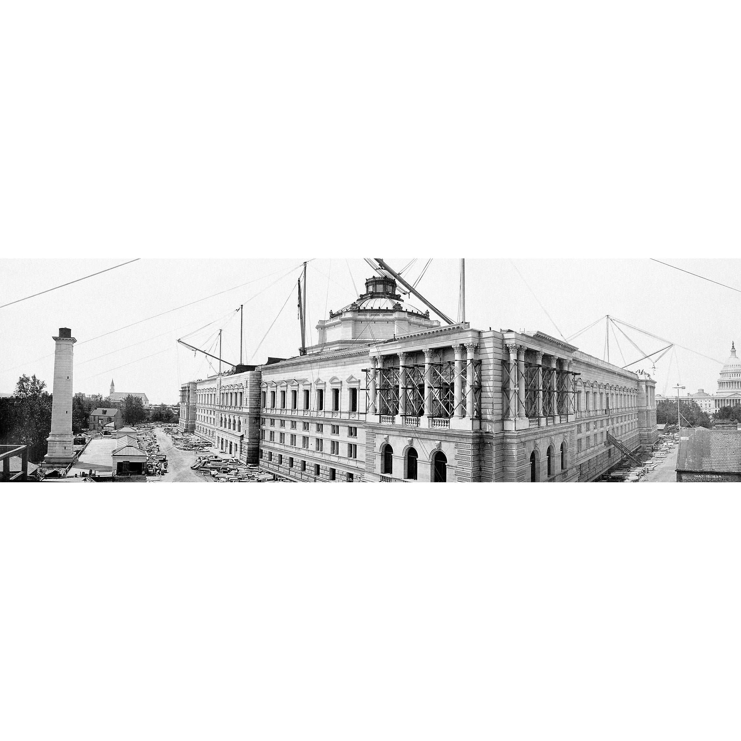 A vintage photograph of the Library of Congress under construction
