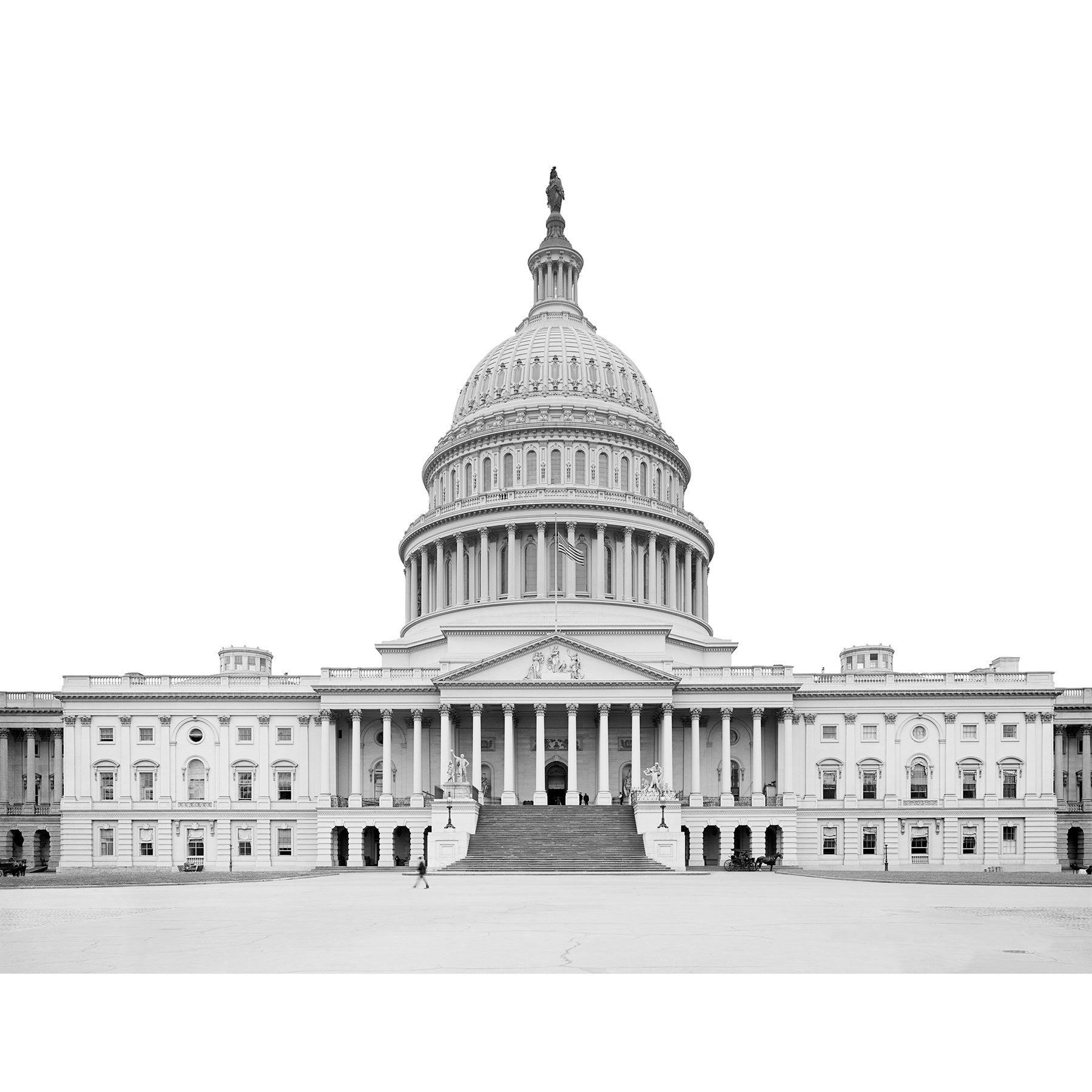 A black and white, vintage photograph of the main entrance of the Capitol Building in Washington DC