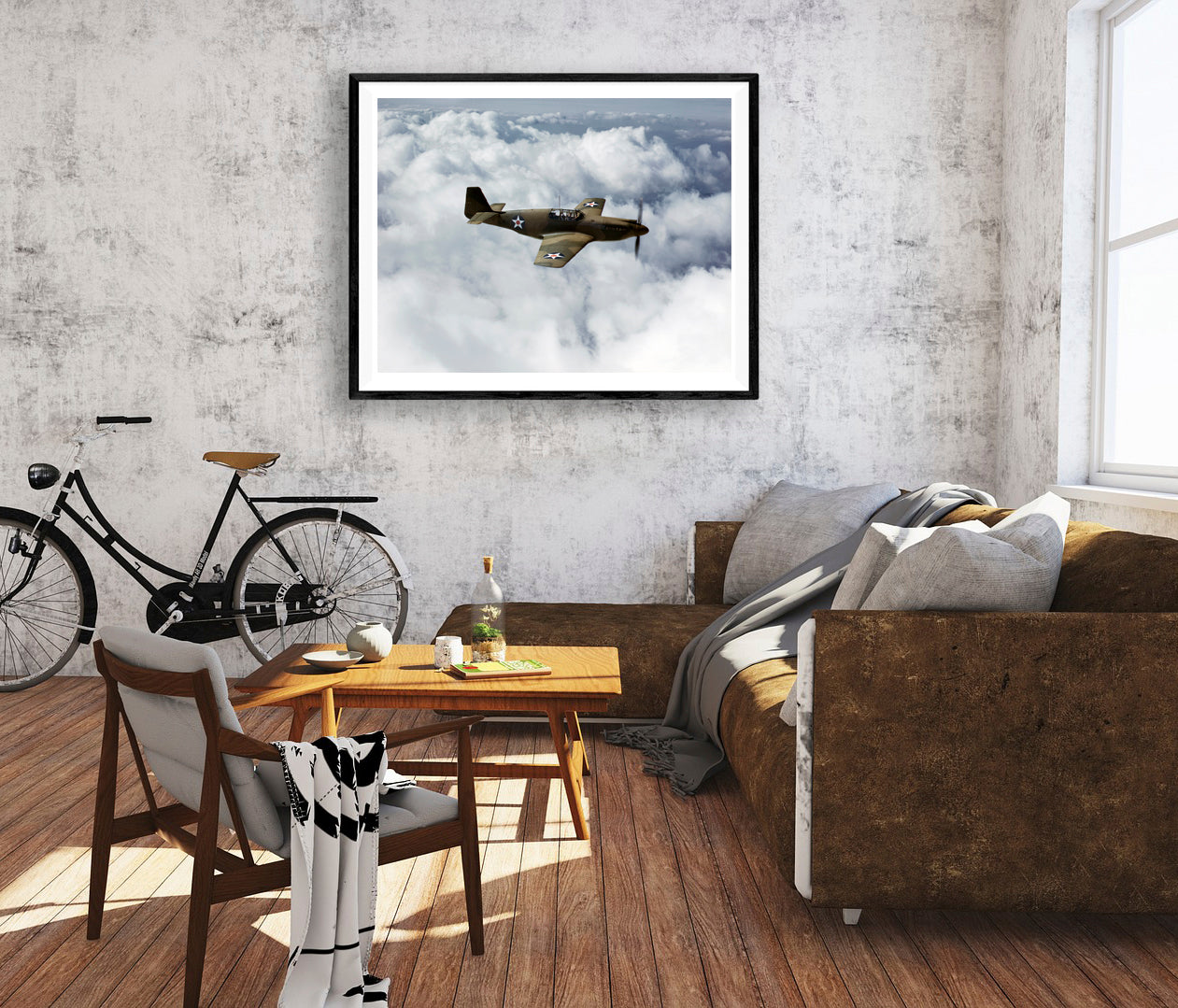 Digital rendering of a framed print of P-51 Mustang Fighter photo hanging on a living room wall