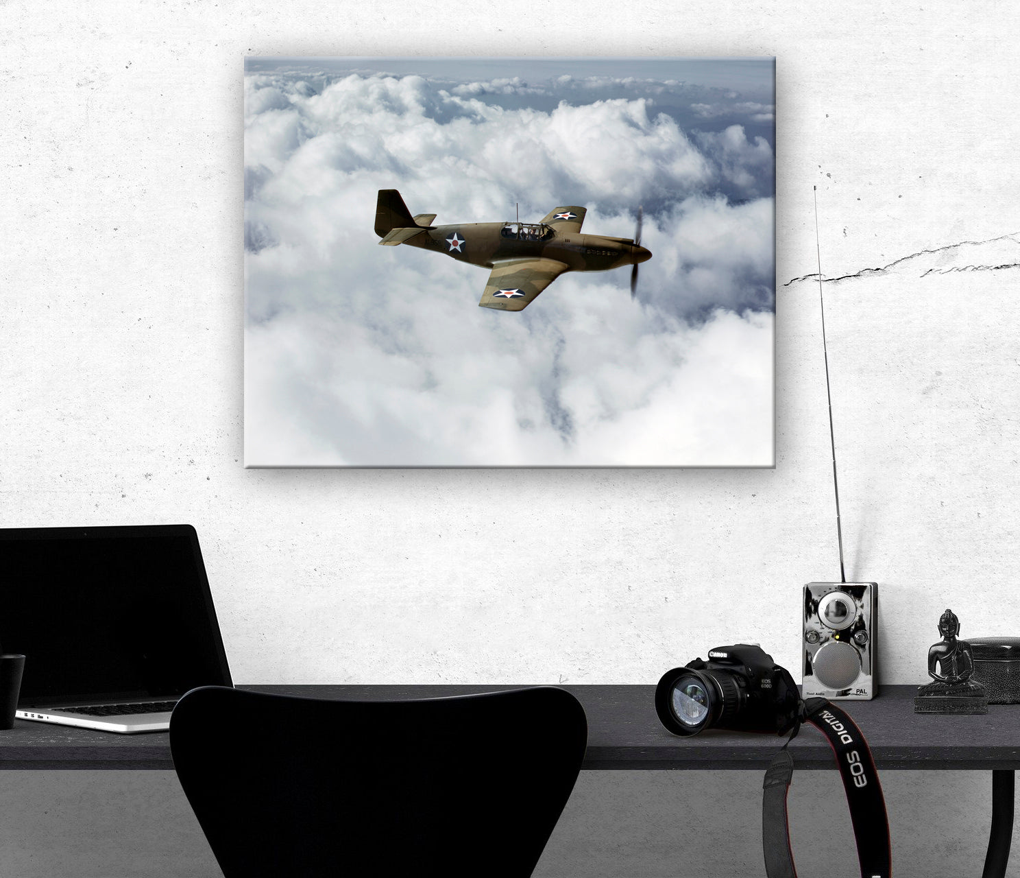 Mockup of P-51 Mustang Fighter vintgage photo as a canvas print hanging above a desk