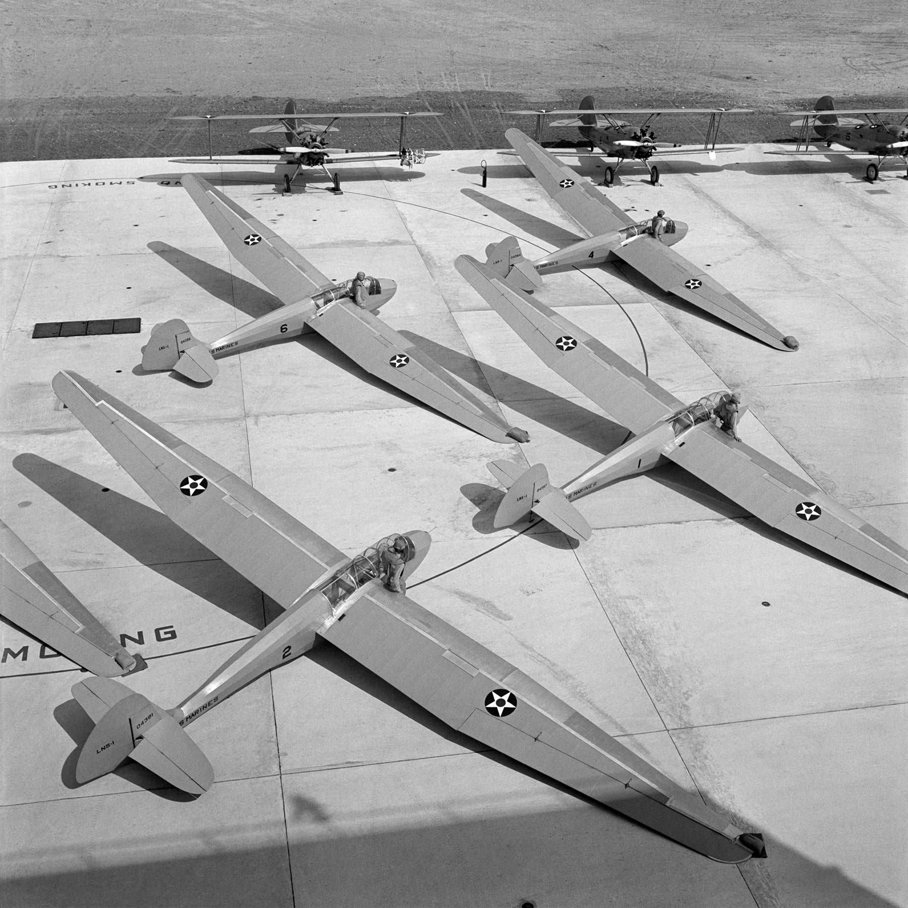 A black and white, vintage photograph of USMC Gliders on Parris Island