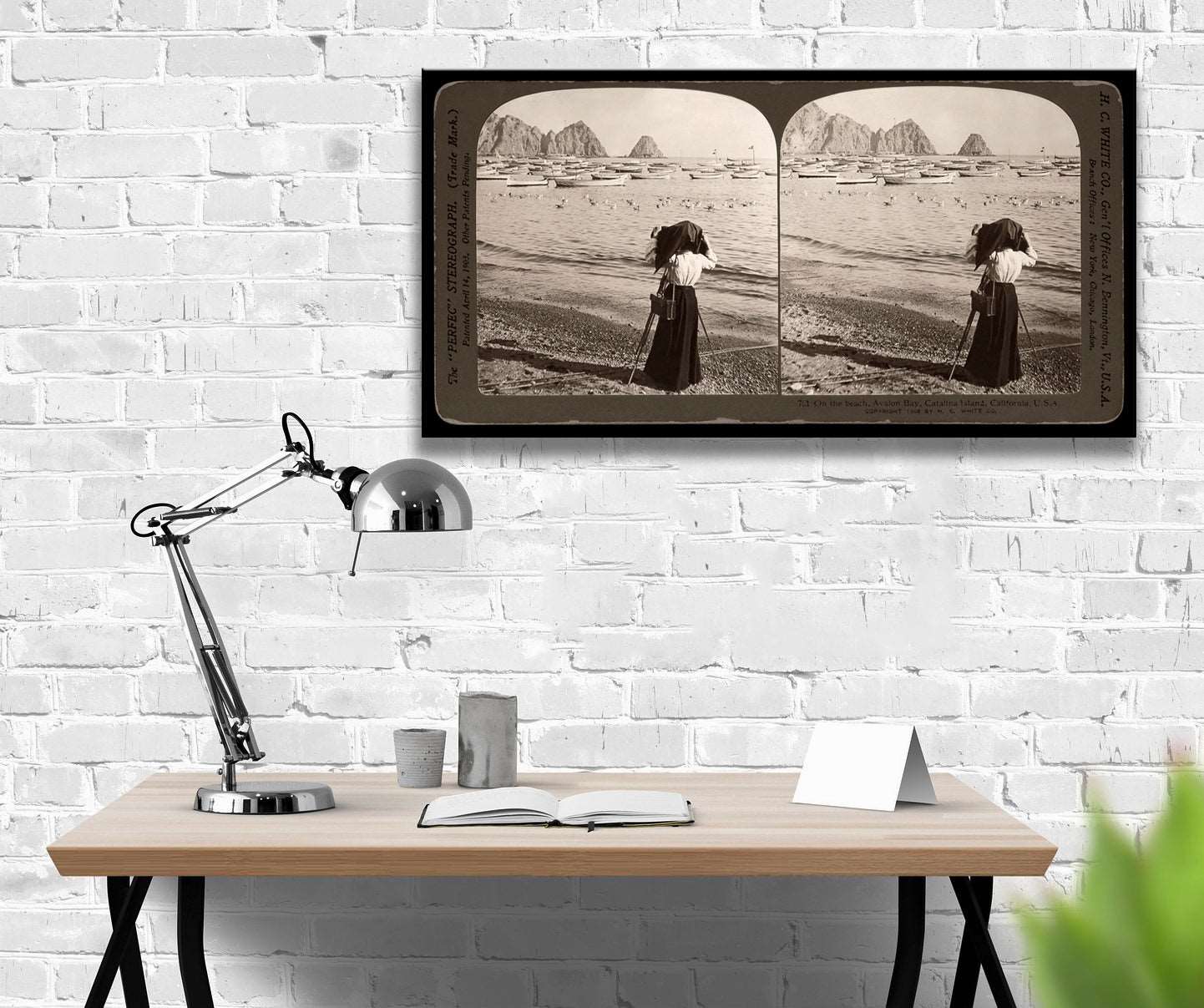 An office with a white brick wall and a canvas print of a vintage stereograph image of Catalina Island