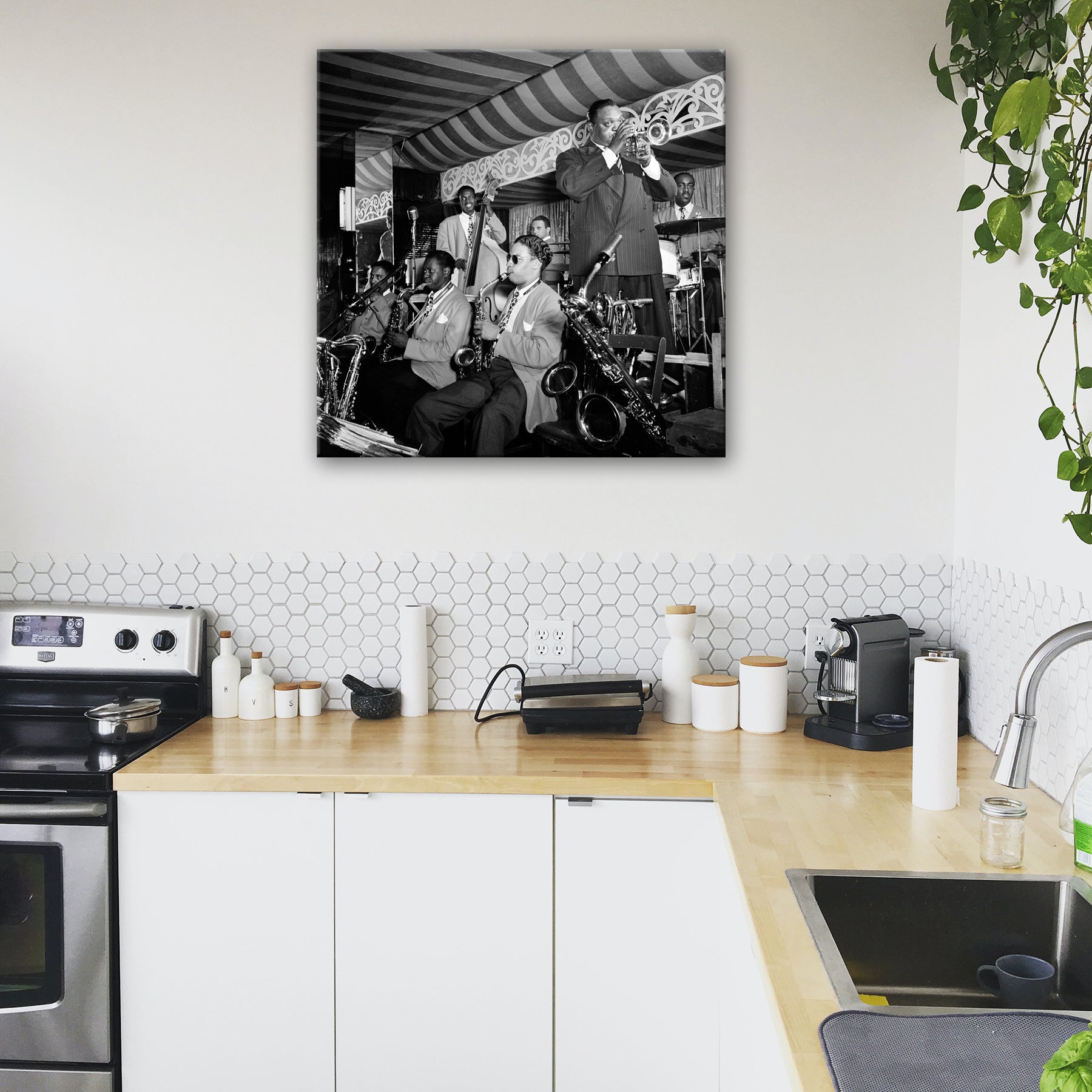 A modern, bright kitchen with a canvas print on the wall, featuring a photo of Rex William Stewart