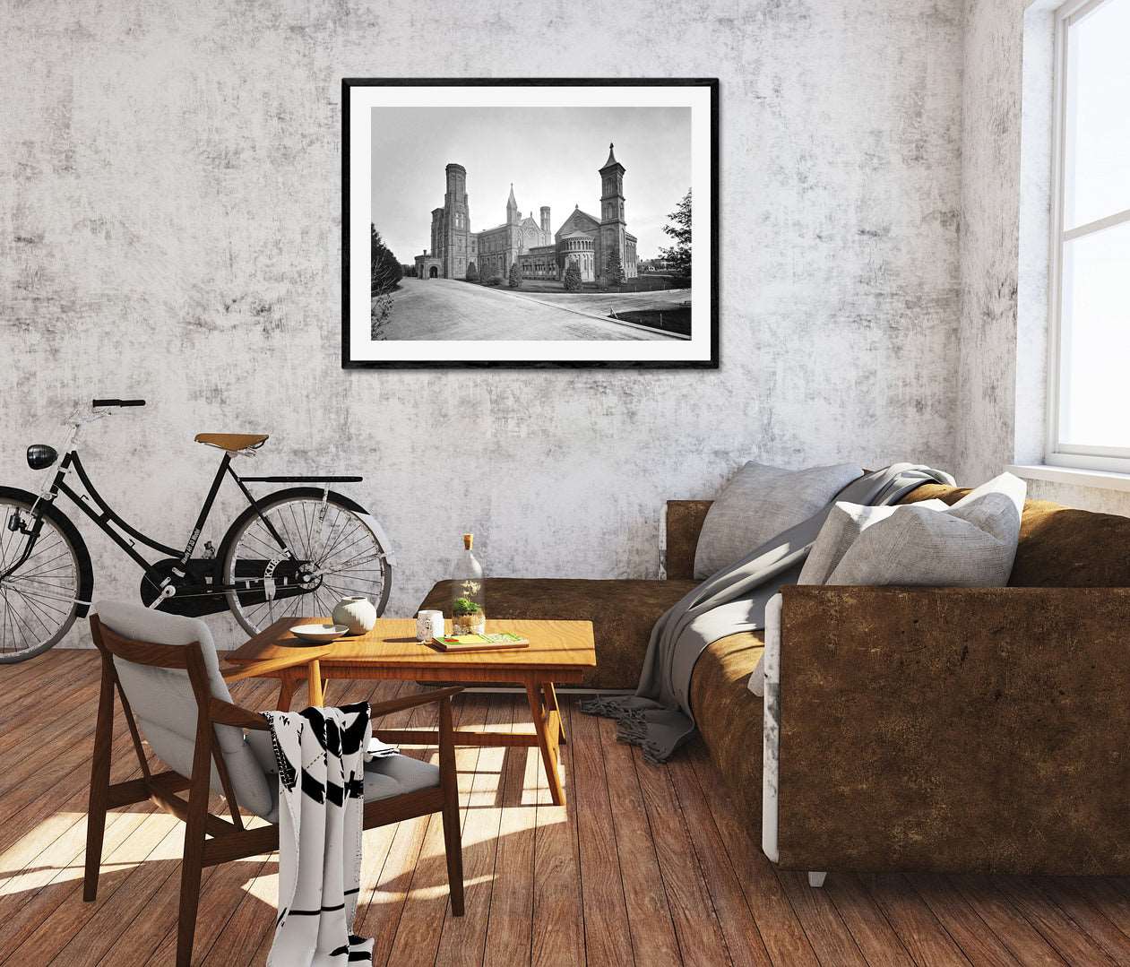 A rendering of a living room with a framed paper print of a black and white photo of the Smithsonian Castle