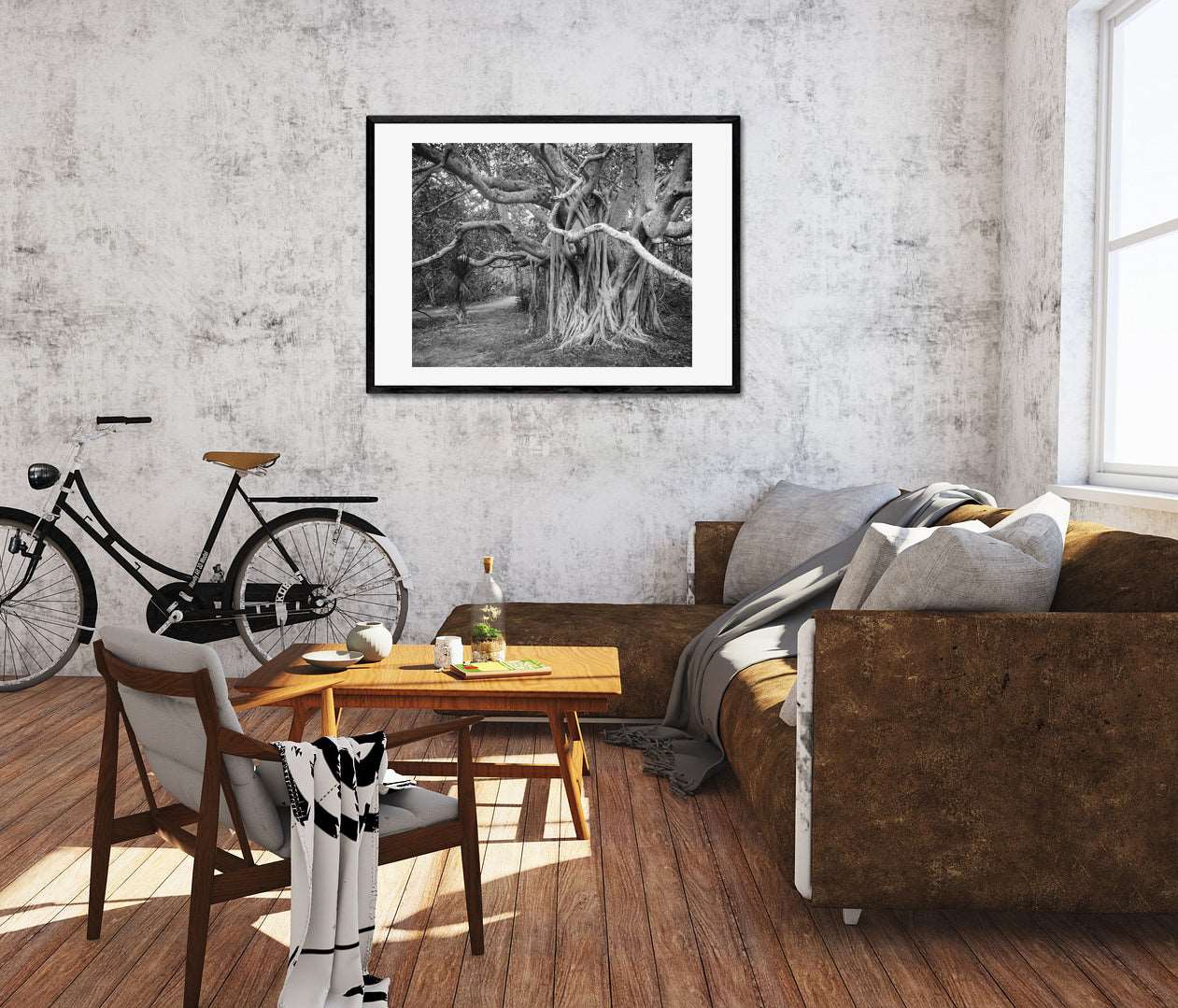 A digital rendering of a living room with a framed paper print of a photograph of a Banyan Tree