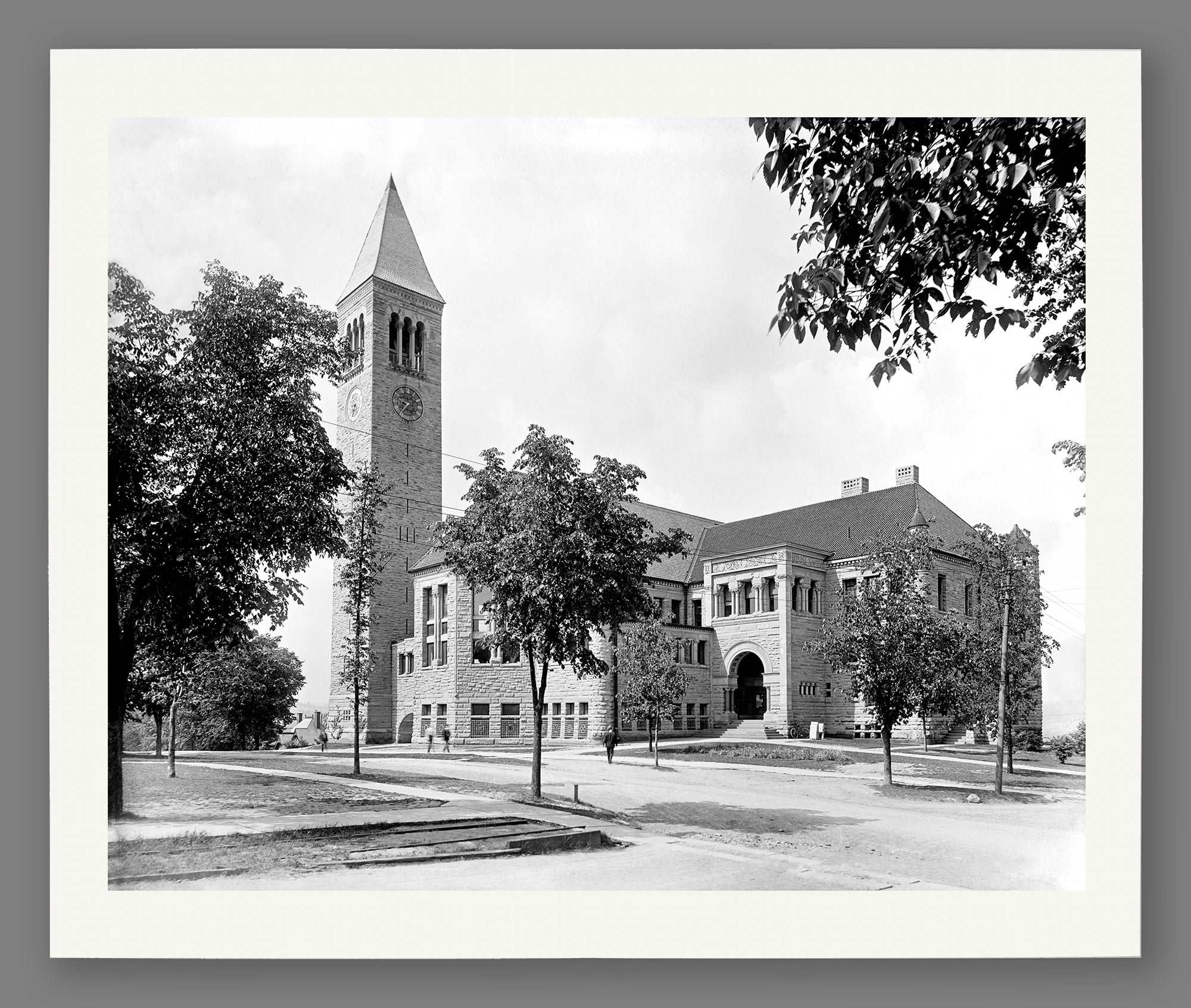 A fine art paper print of a black and white vintage photograph of Cornell's library