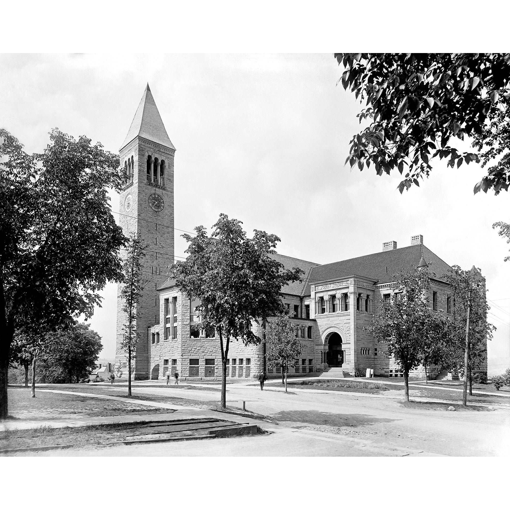 A black and white vintage photograph of the library at Cornell University