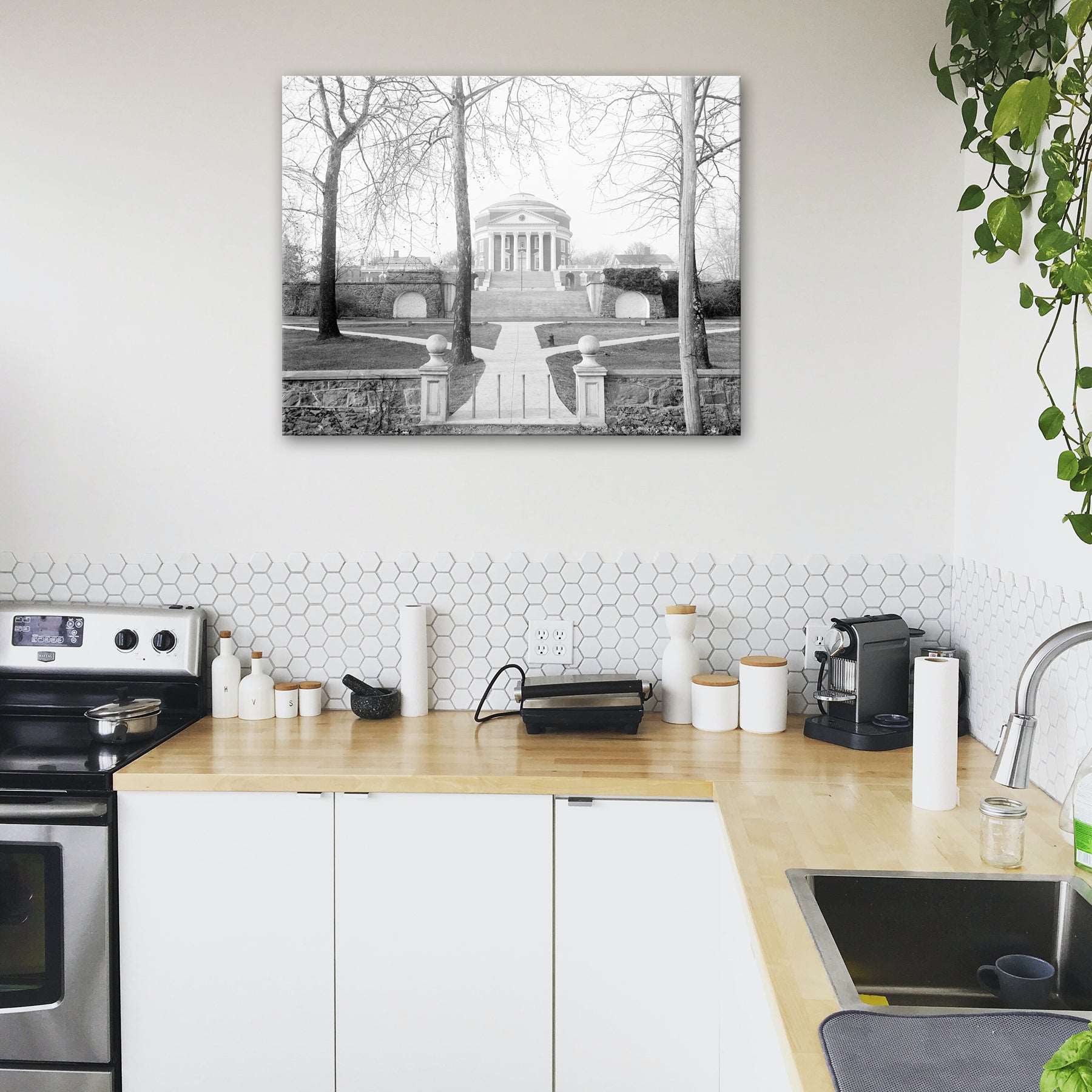 A photograph of a kitchen with a canvas print on the wall