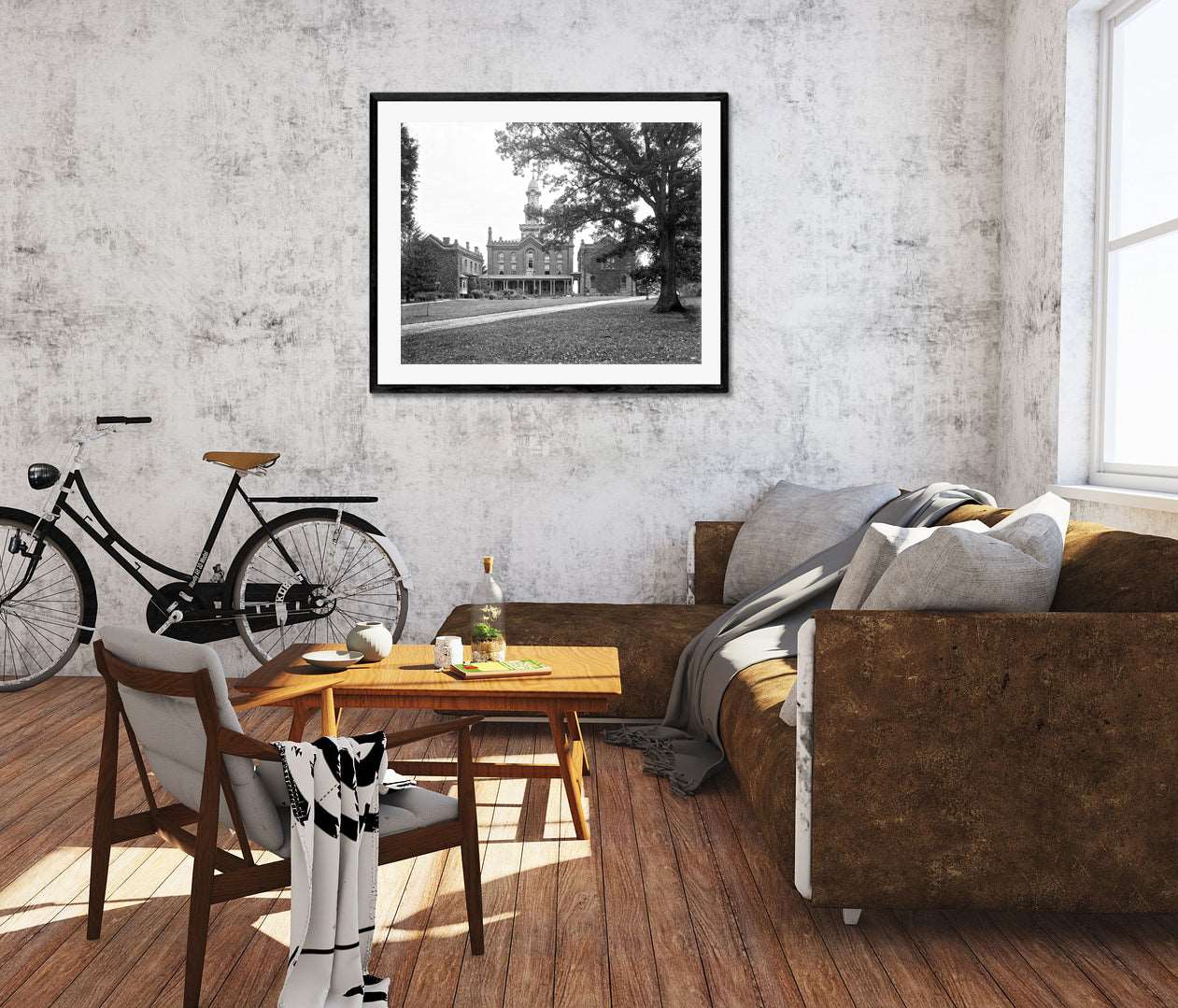 A framed print reproduction of a photograph of the Alexandria Theological Seminary hanging in a digitally rendered living room