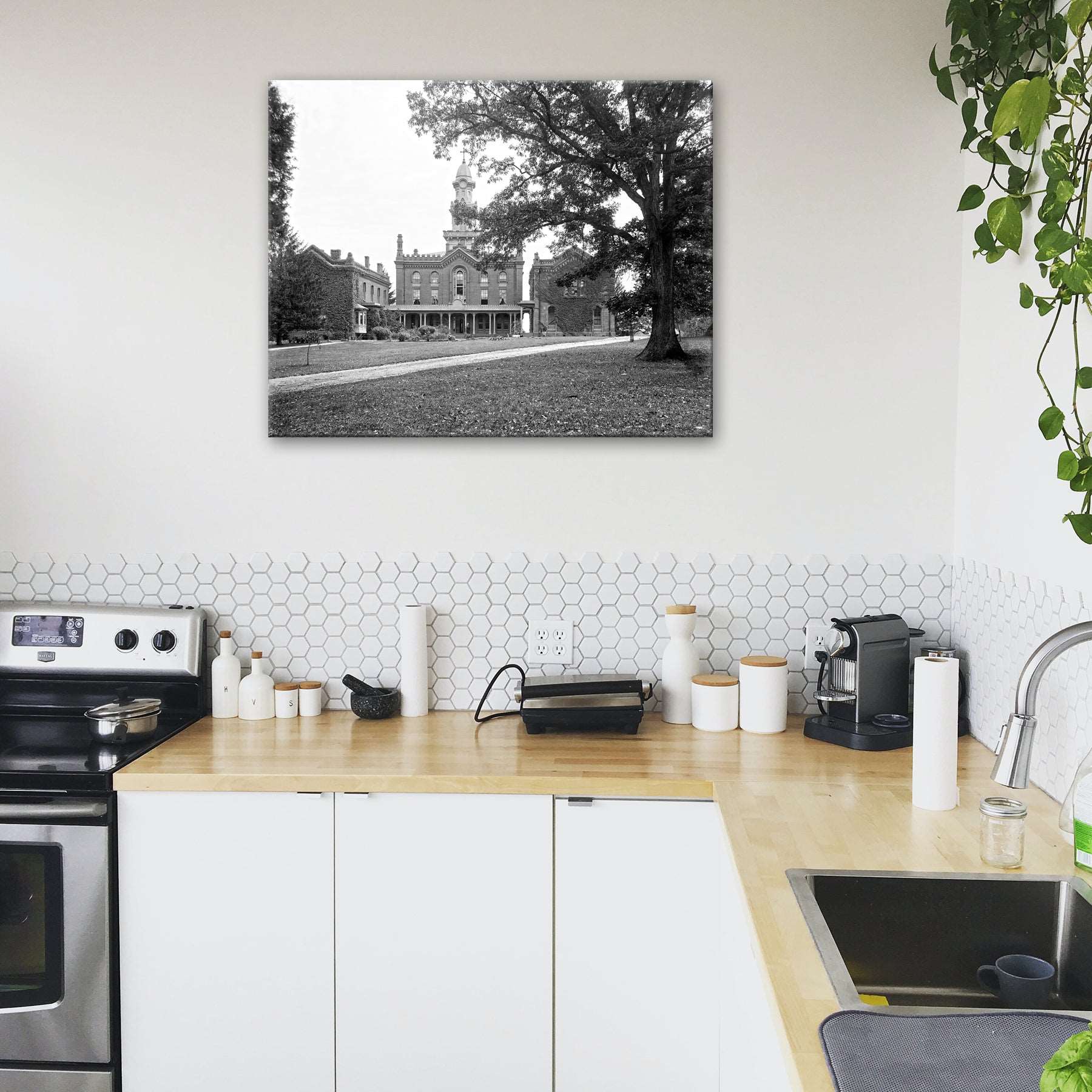 A modern style kitchen decorated with a canvas print of a vintage photograph of the Theological Seminary in Alexandria