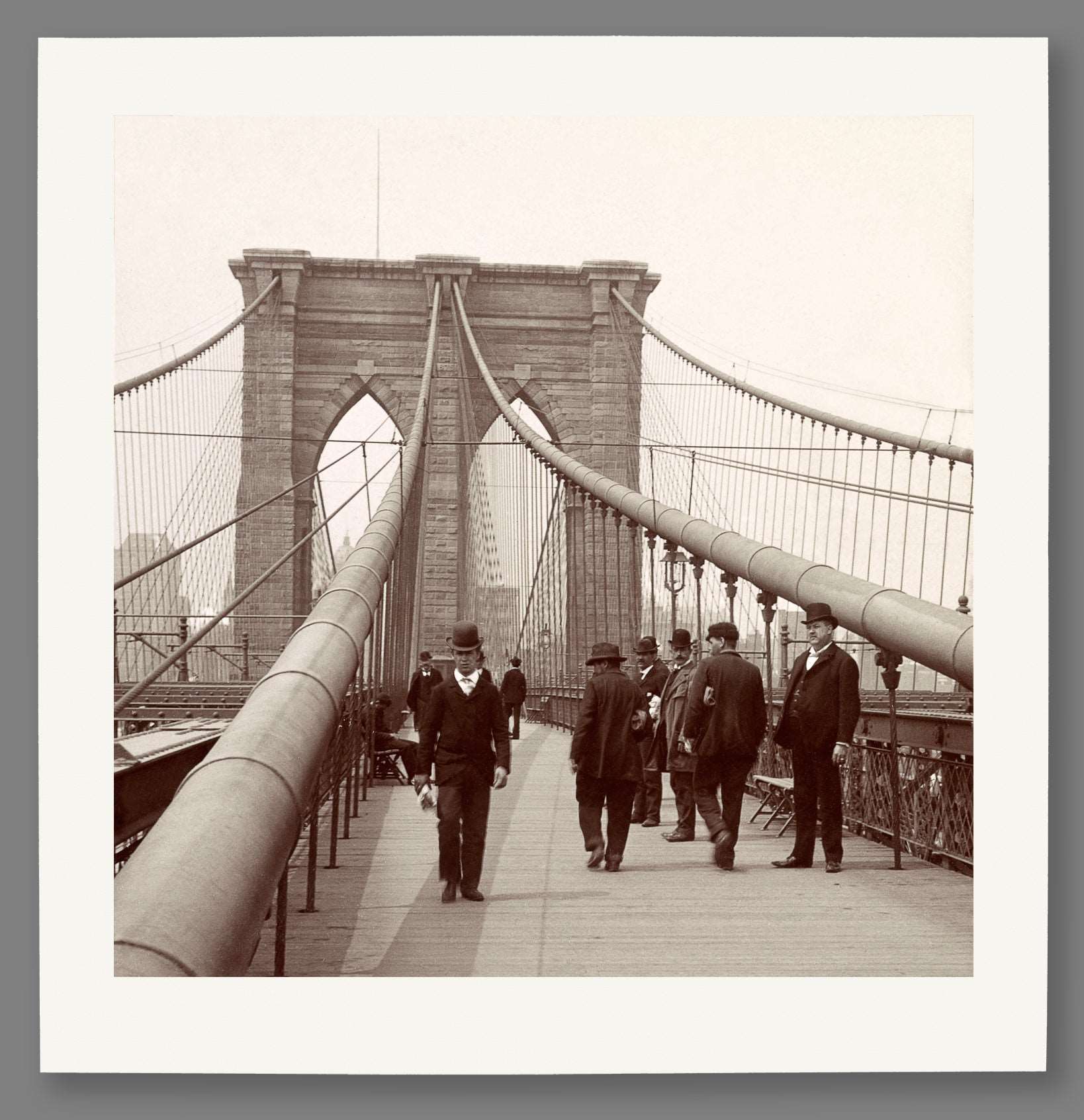 An archival paper print featuring a restored vintage photograph of the Promenade on the Brooklyn Bridge