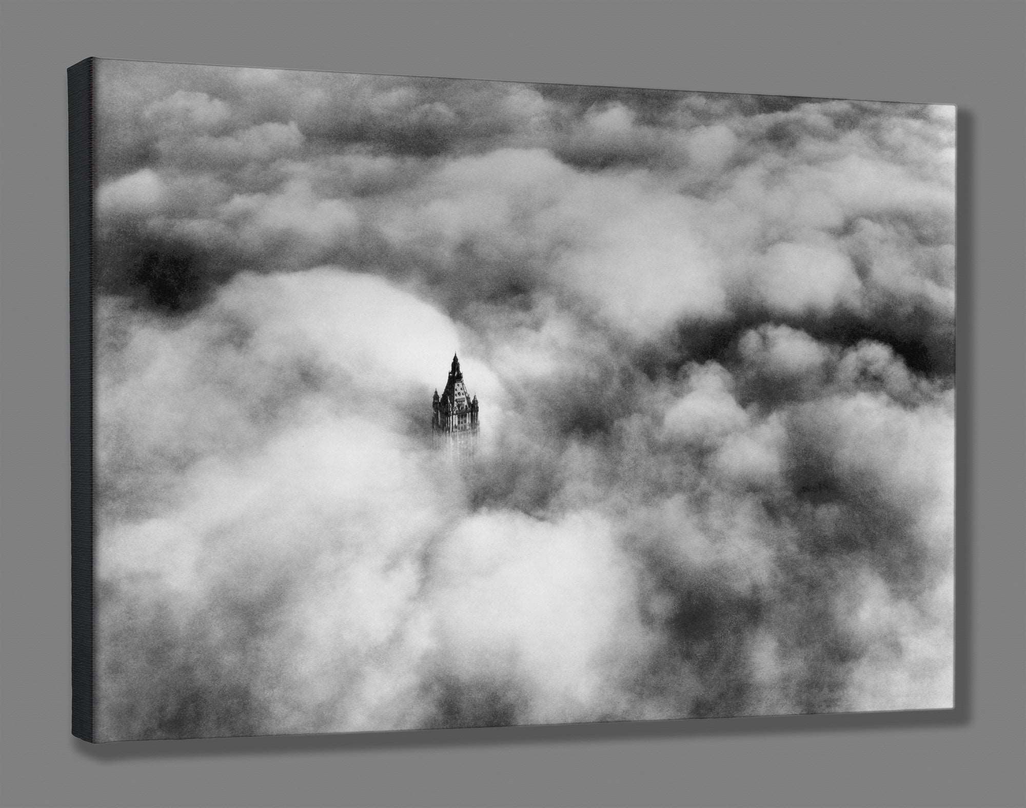 A canvas print mockup feautring vintage photograph of Woolworth Tower in the Clouds, NYC